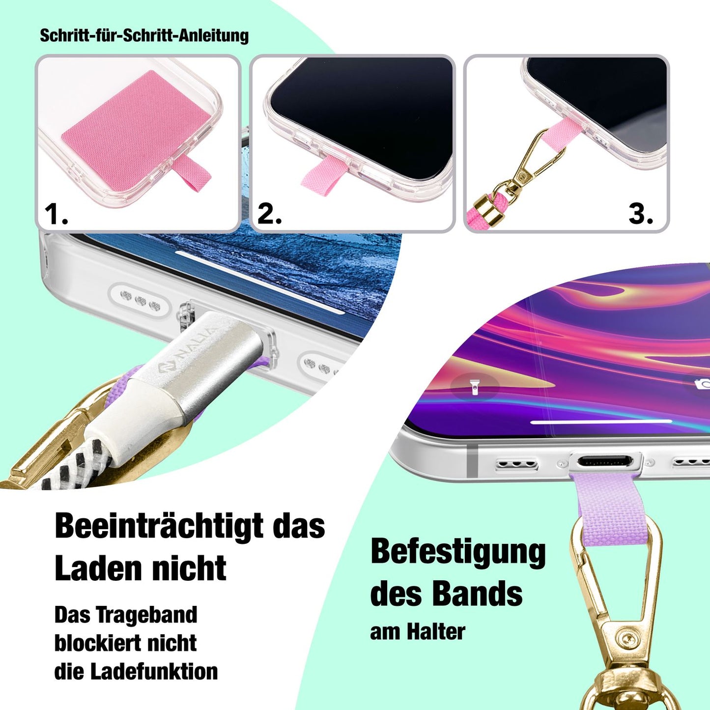 NALIA Berlin Universal-Kette Pad - Länge 160 cm, Metallkarabiner, Patch, Handy Hülle Kompatibel