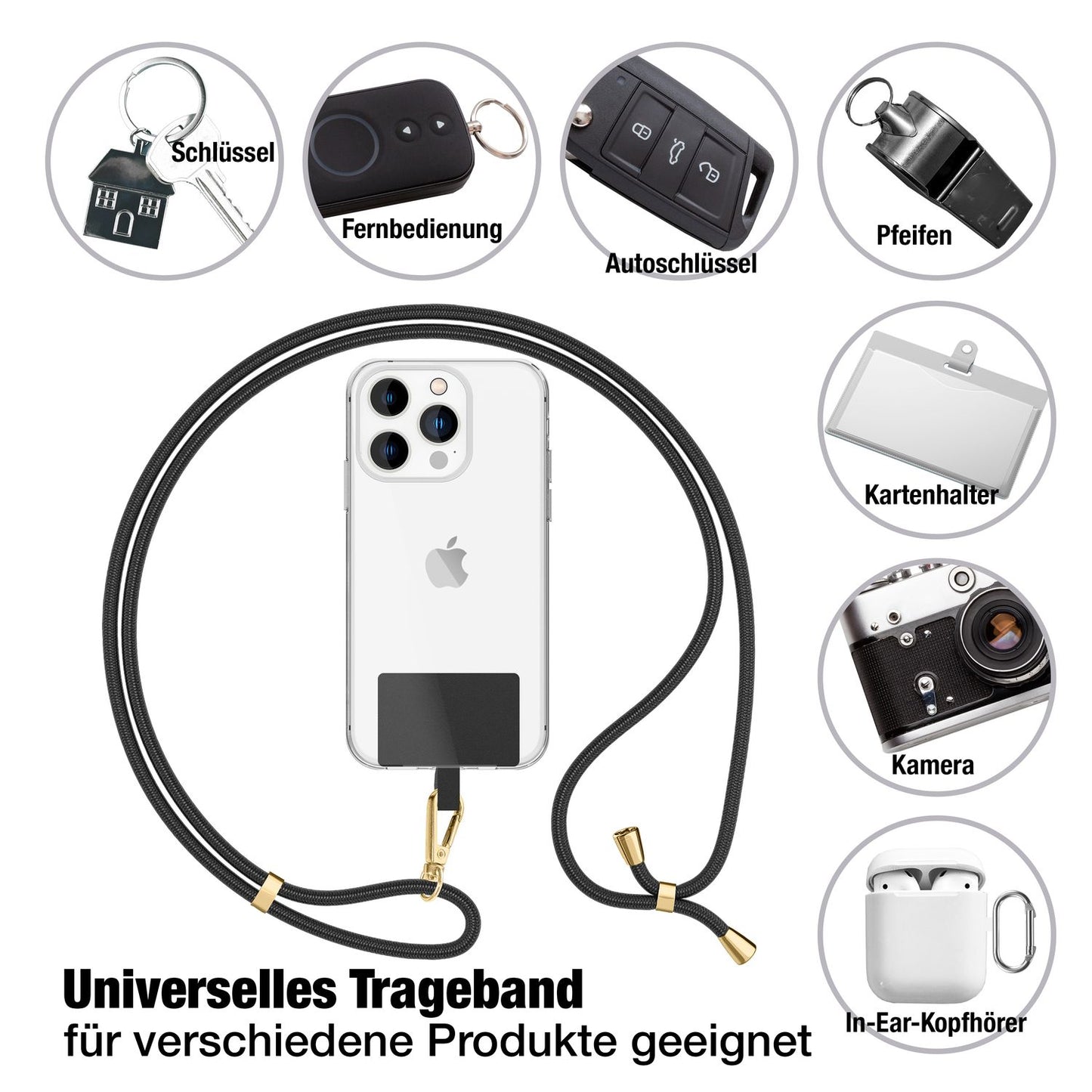 NALIA Berlin Universal-Kette Pad - Länge 160 cm, Metallkarabiner, Patch, Handy Hülle Kompatibel