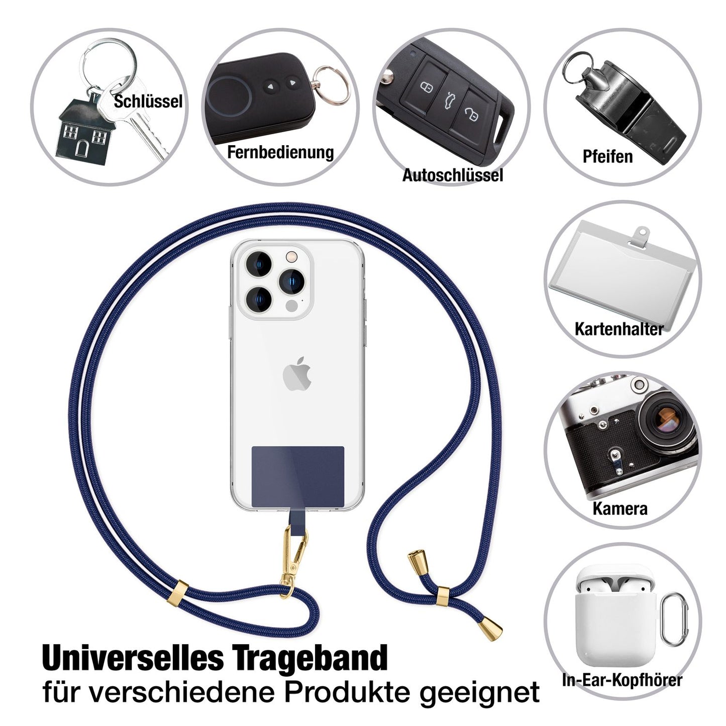 NALIA Berlin Universal-Kette Pad - Länge 160 cm, Metallkarabiner, Patch, Handy Hülle Kompatibel