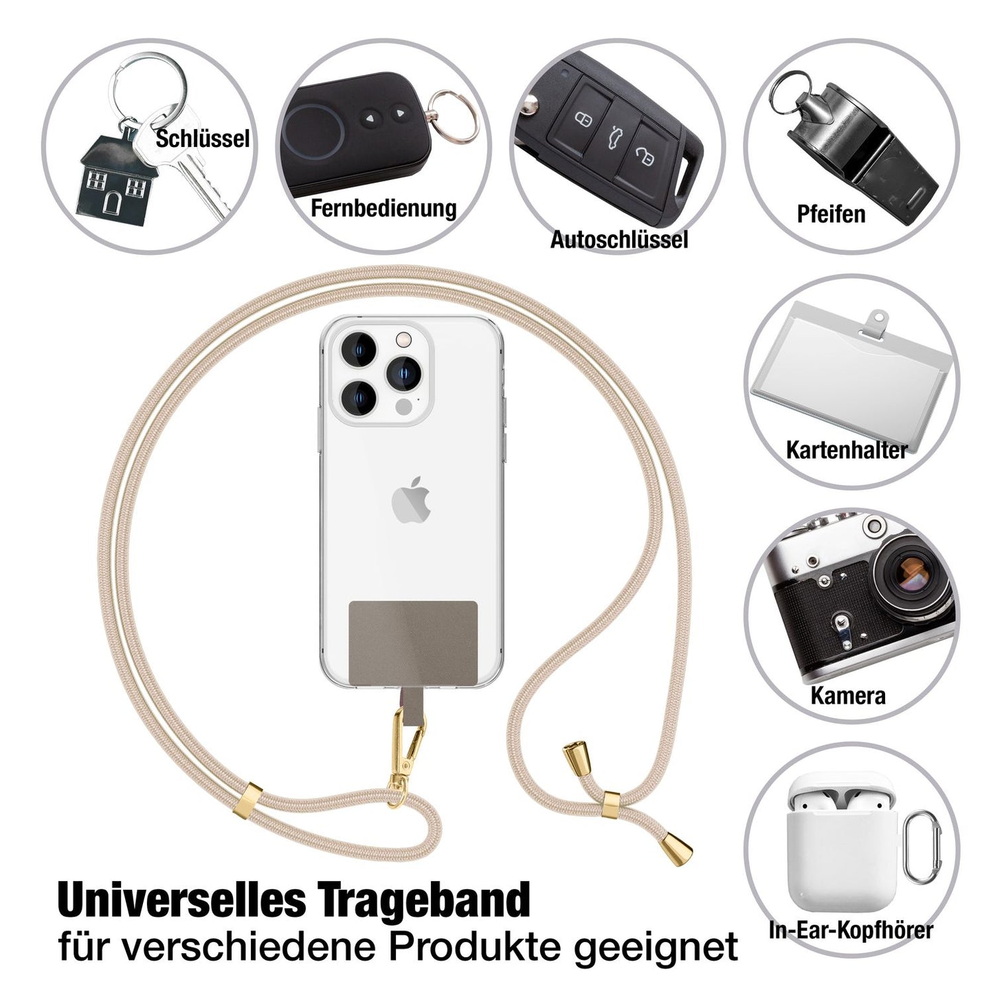 NALIA Berlin Universal-Kette Pad - Länge 160 cm, Metallkarabiner, Patch, Handy Hülle Kompatibel