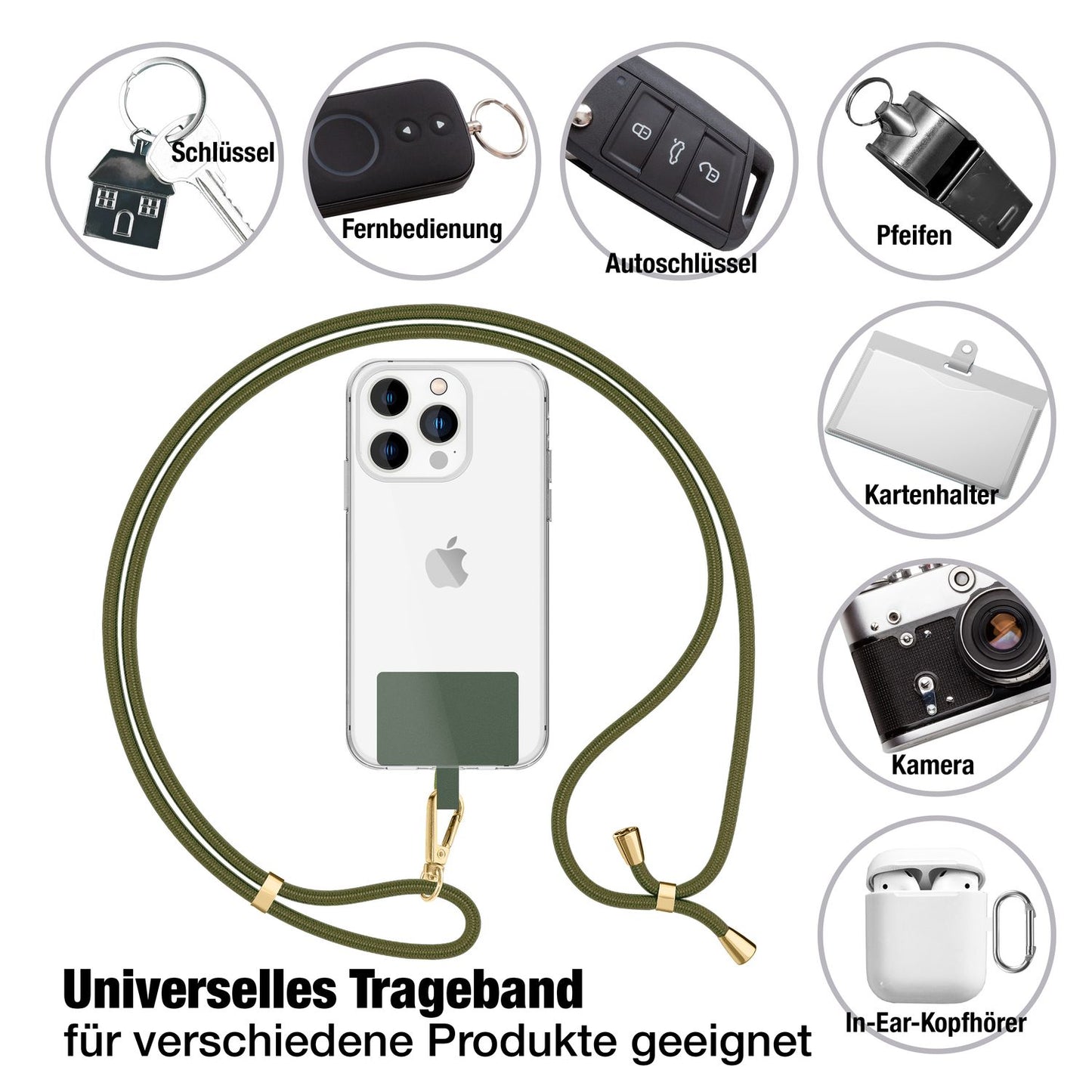 NALIA Berlin Universal-Kette Pad - Länge 160 cm, Metallkarabiner, Patch, Handy Hülle Kompatibel