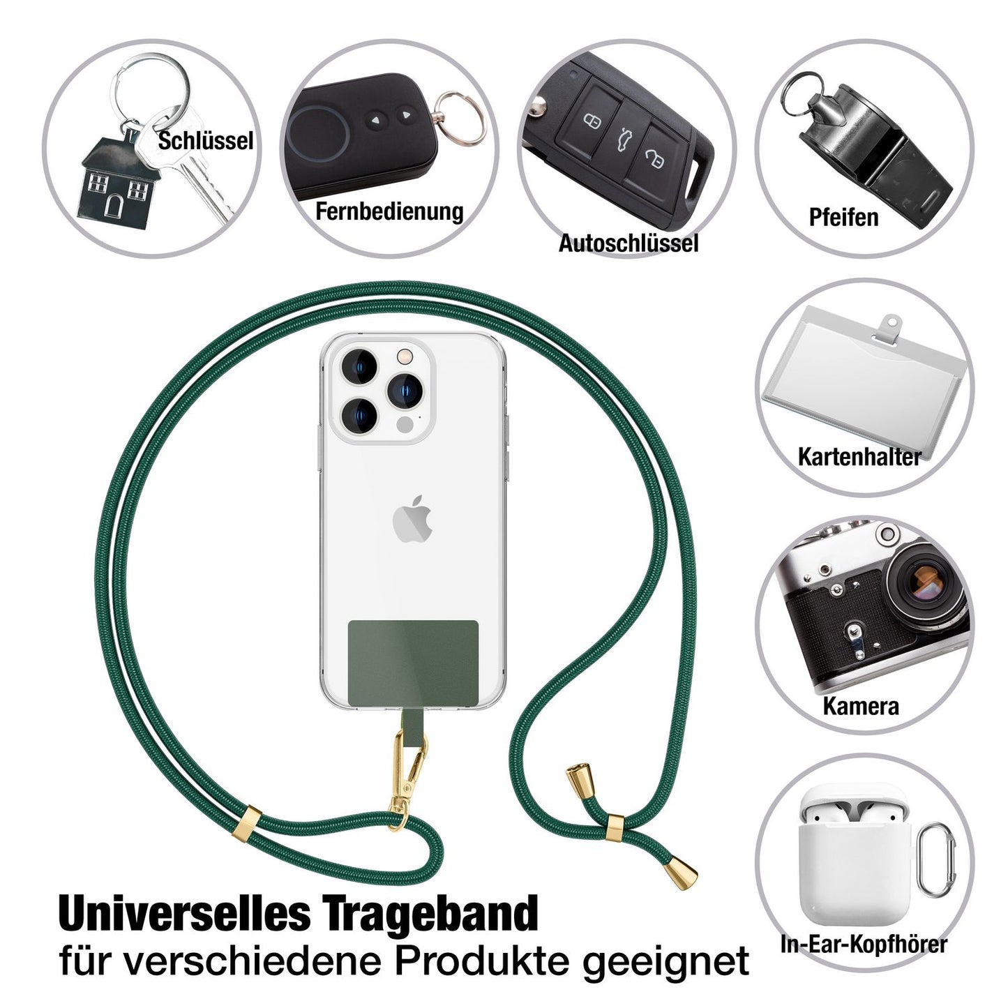 NALIA Berlin Universal-Kette Pad - Länge 160 cm, Metallkarabiner, Patch, Handy Hülle Kompatibel