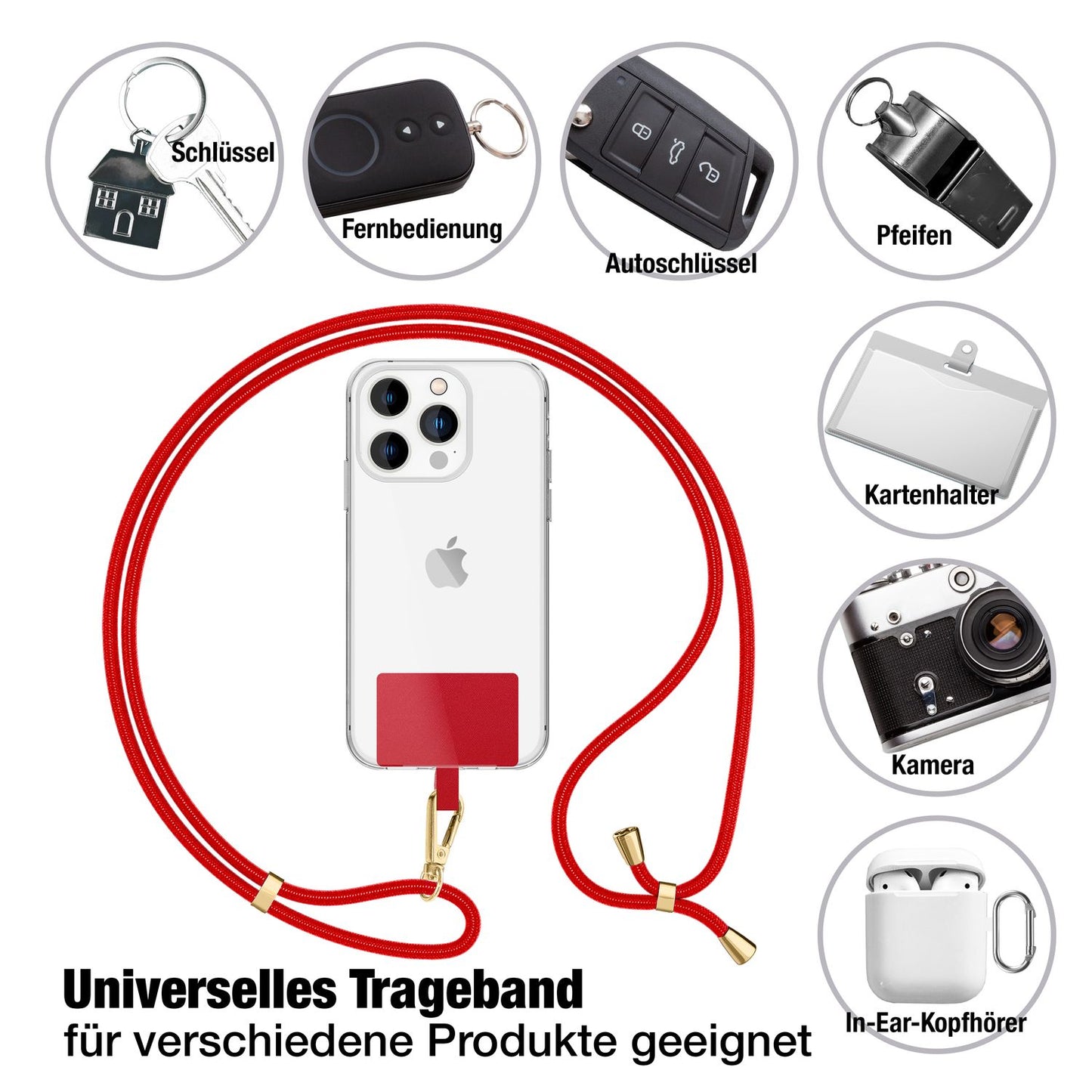 NALIA Berlin Universal-Kette Pad - Länge 160 cm, Metallkarabiner, Patch, Handy Hülle Kompatibel