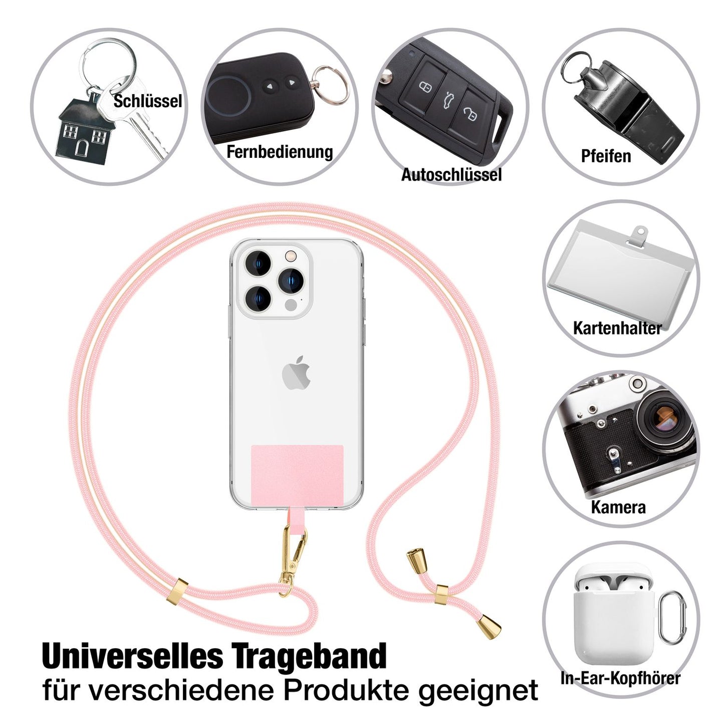 NALIA Berlin Universal-Kette Pad - Länge 160 cm, Metallkarabiner, Patch, Handy Hülle Kompatibel