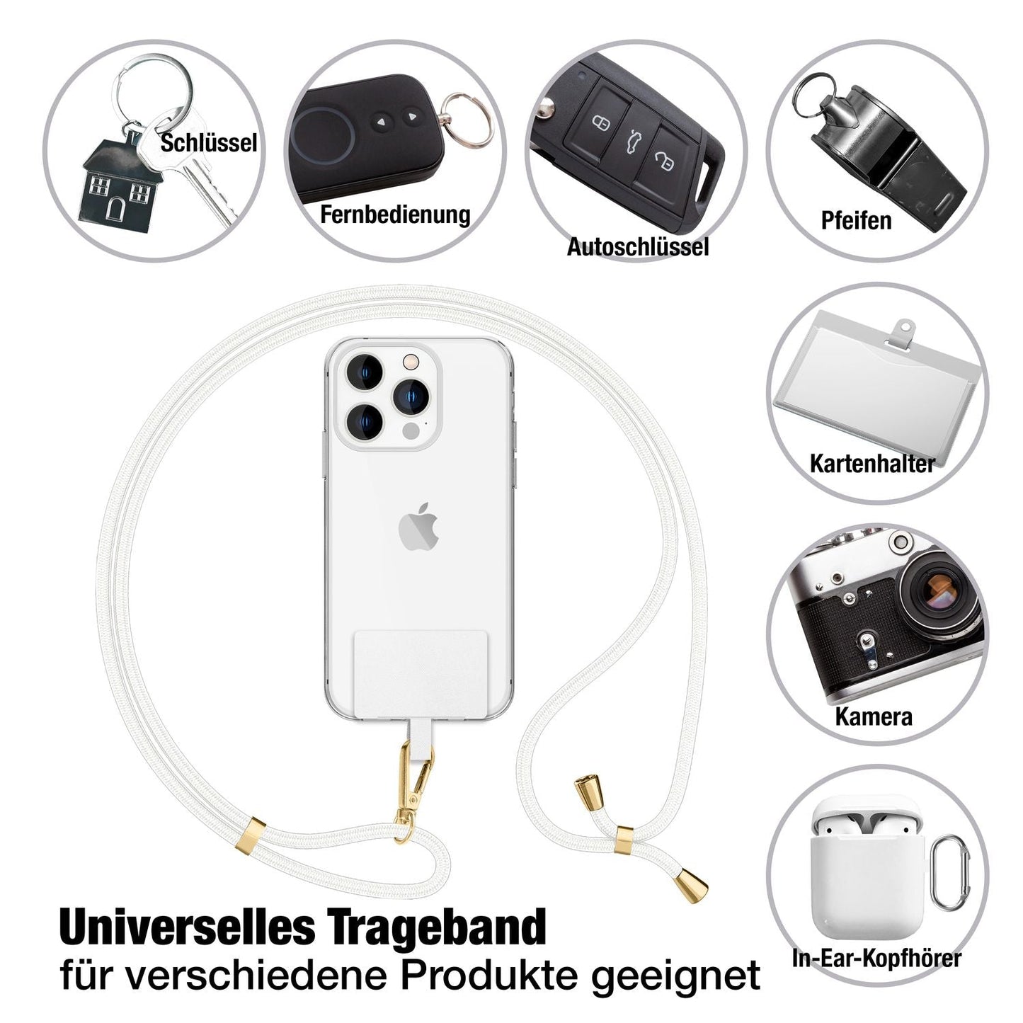 NALIA Berlin Universal-Kette Pad - Länge 160 cm, Metallkarabiner, Patch, Handy Hülle Kompatibel