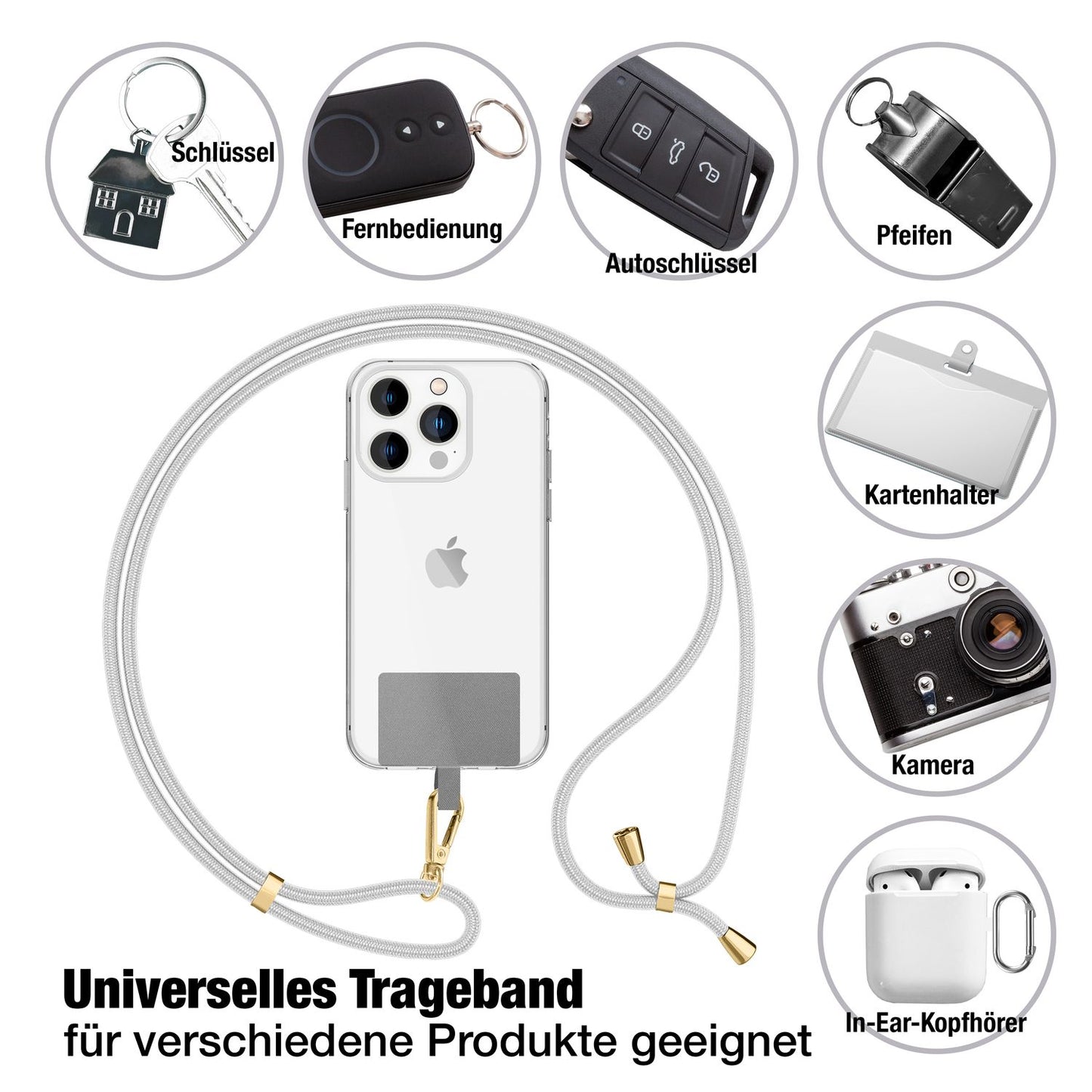 NALIA Berlin Universal-Kette Pad - Länge 160 cm, Metallkarabiner, Patch, Handy Hülle Kompatibel