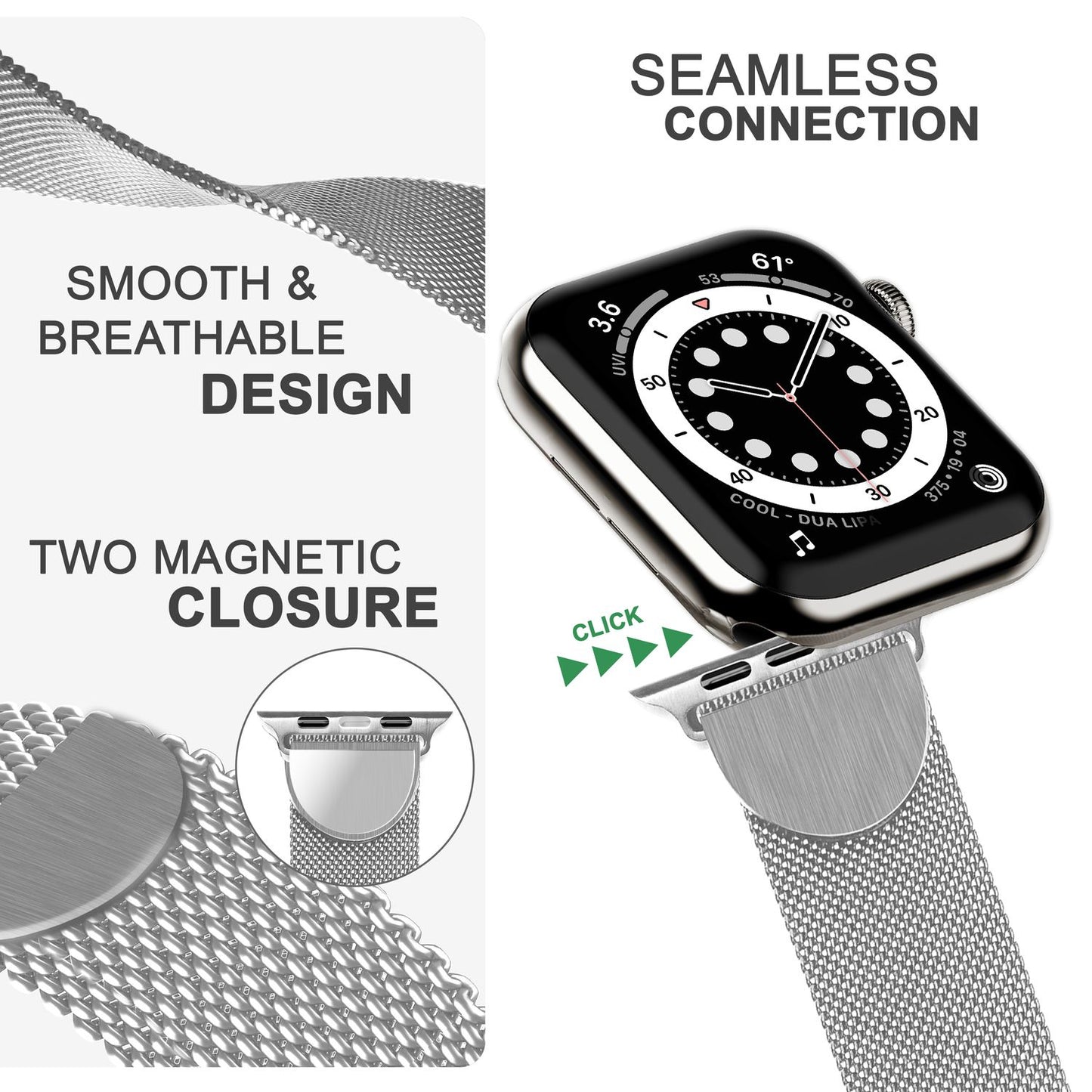 Brățară metalică NALIA Berlin Milanese - Compatibilă cu Apple Watch SE până la seria 8, 38-41 mm, din oțel inoxidabil
