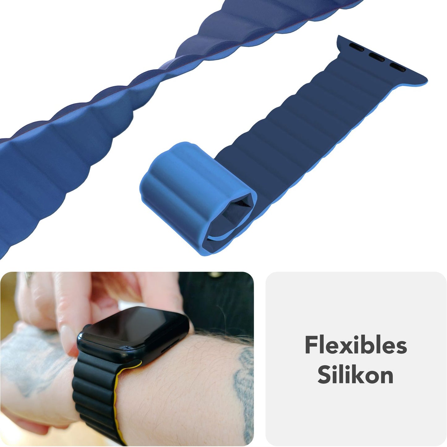 NALIA Core Armband für Apple Watch Ultra/SE/10/9/8/7/6/5/4/3/2/1, Gehäusegröße 42/44/45/46/49mm, Atmungsaktives Silikon Magnet Sportarmband mit Rillen Design