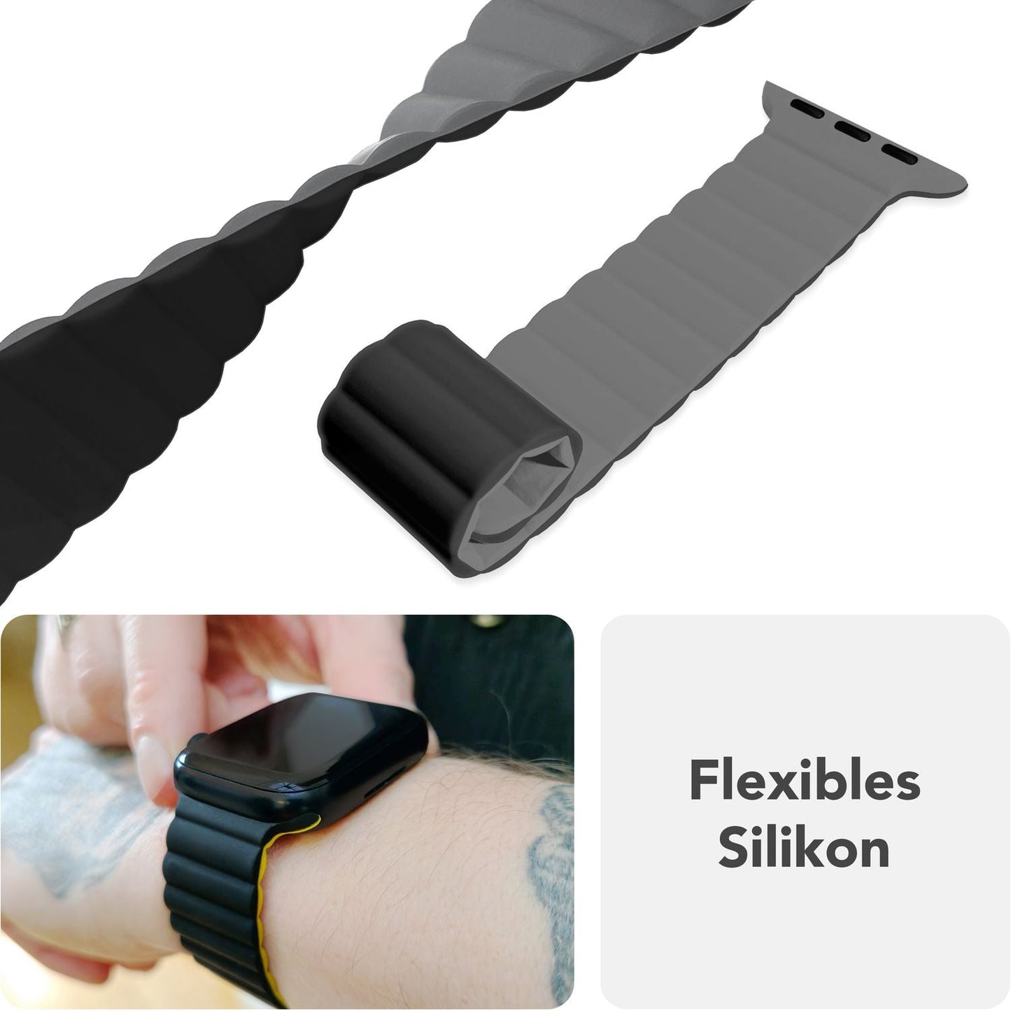 NALIA Core Armband für Apple Watch Ultra/SE/10/9/8/7/6/5/4/3/2/1, Gehäusegröße 42/44/45/46/49mm, Atmungsaktives Silikon Magnet Sportarmband mit Rillen Design