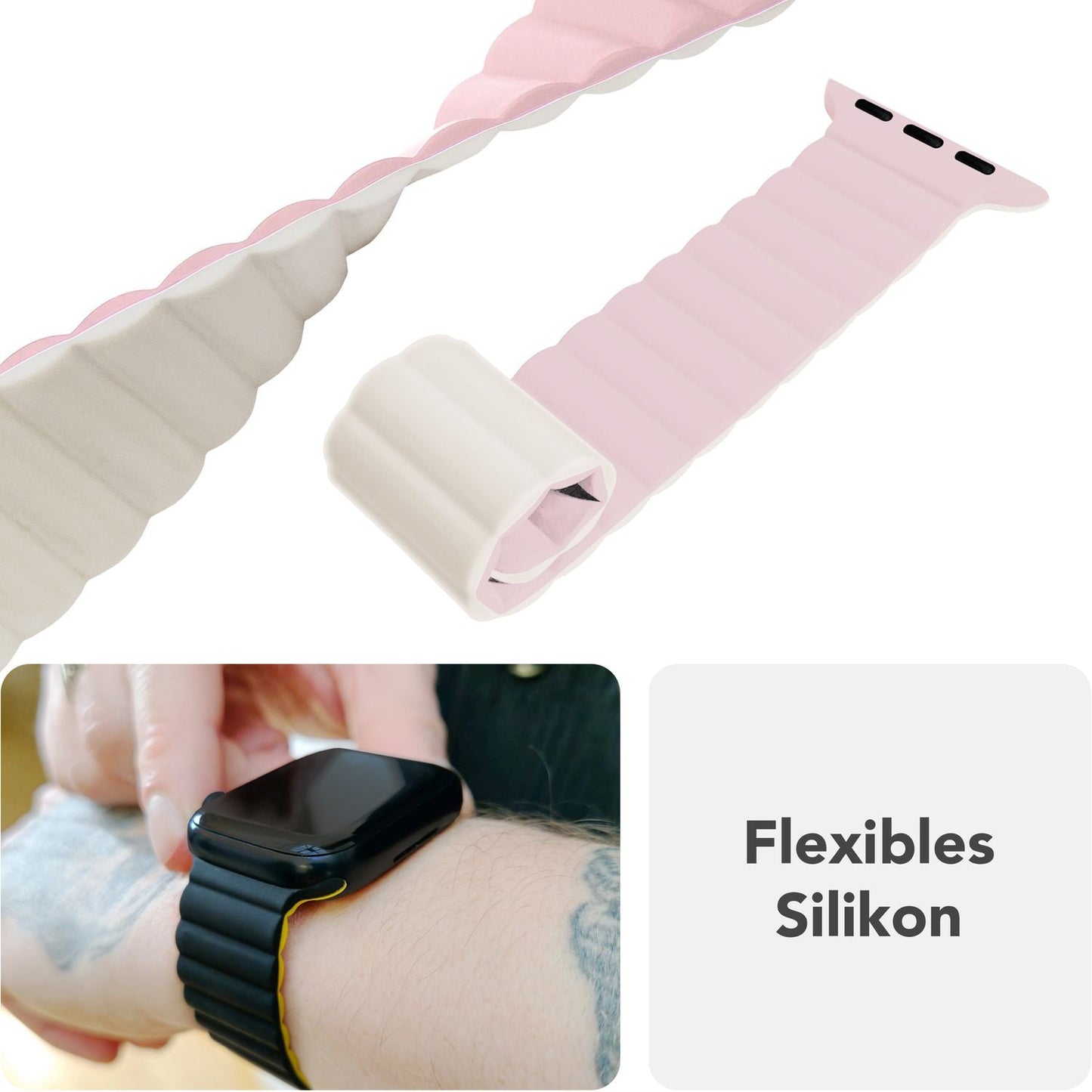 NALIA Core Armband für Apple Watch Ultra/SE/10/9/8/7/6/5/4/3/2/1, Gehäusegröße 42/44/45/46/49mm, Atmungsaktives Silikon Magnet Sportarmband mit Rillen Design