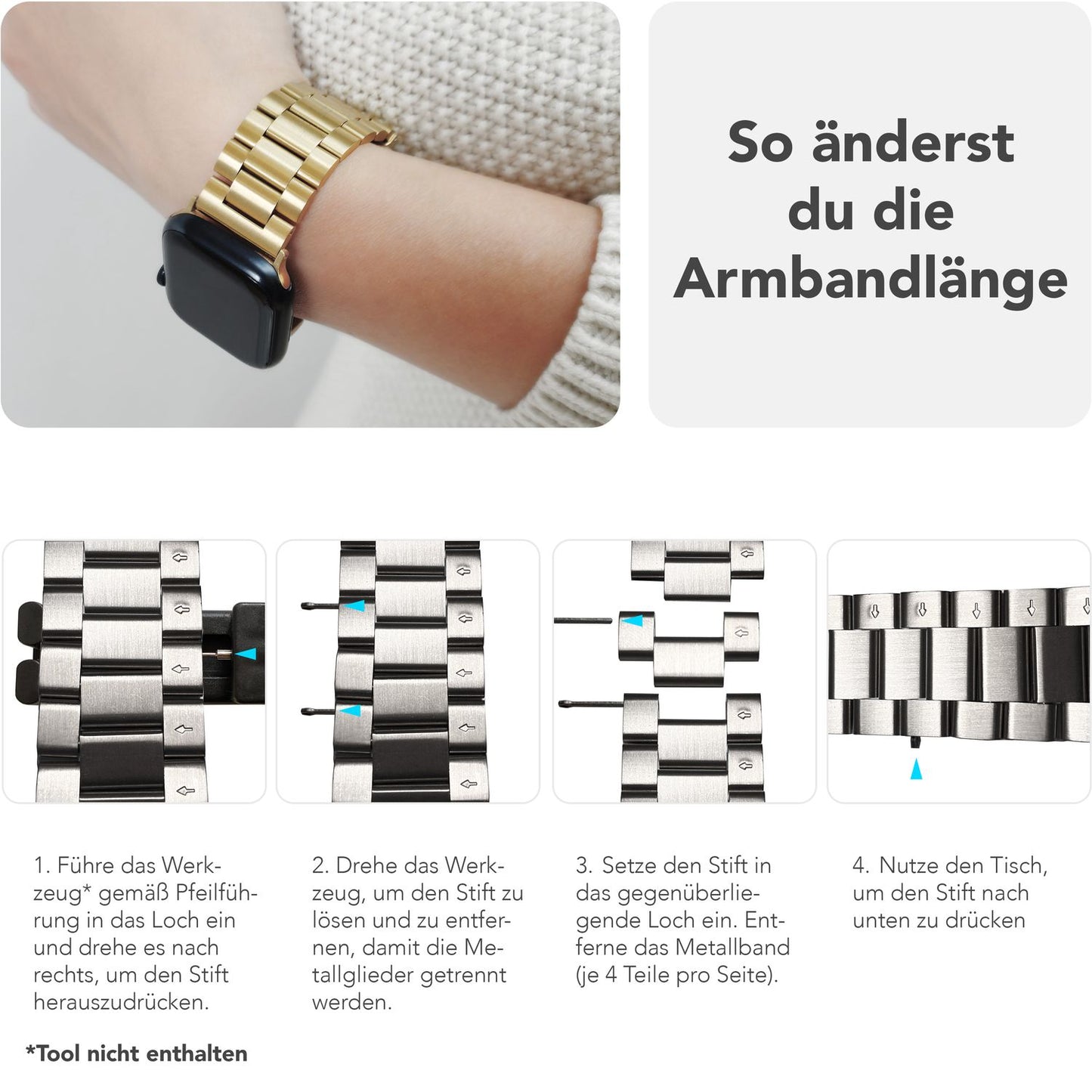 NALIA Mova Armband für Apple Watch SE/10/9/8/7/6/5/4/3/2/1, Gehäusegröße 38/40/41/42mm, Edelstahl Ersatzarmband mit Doppelfaltschließe, Metall Rostfrei