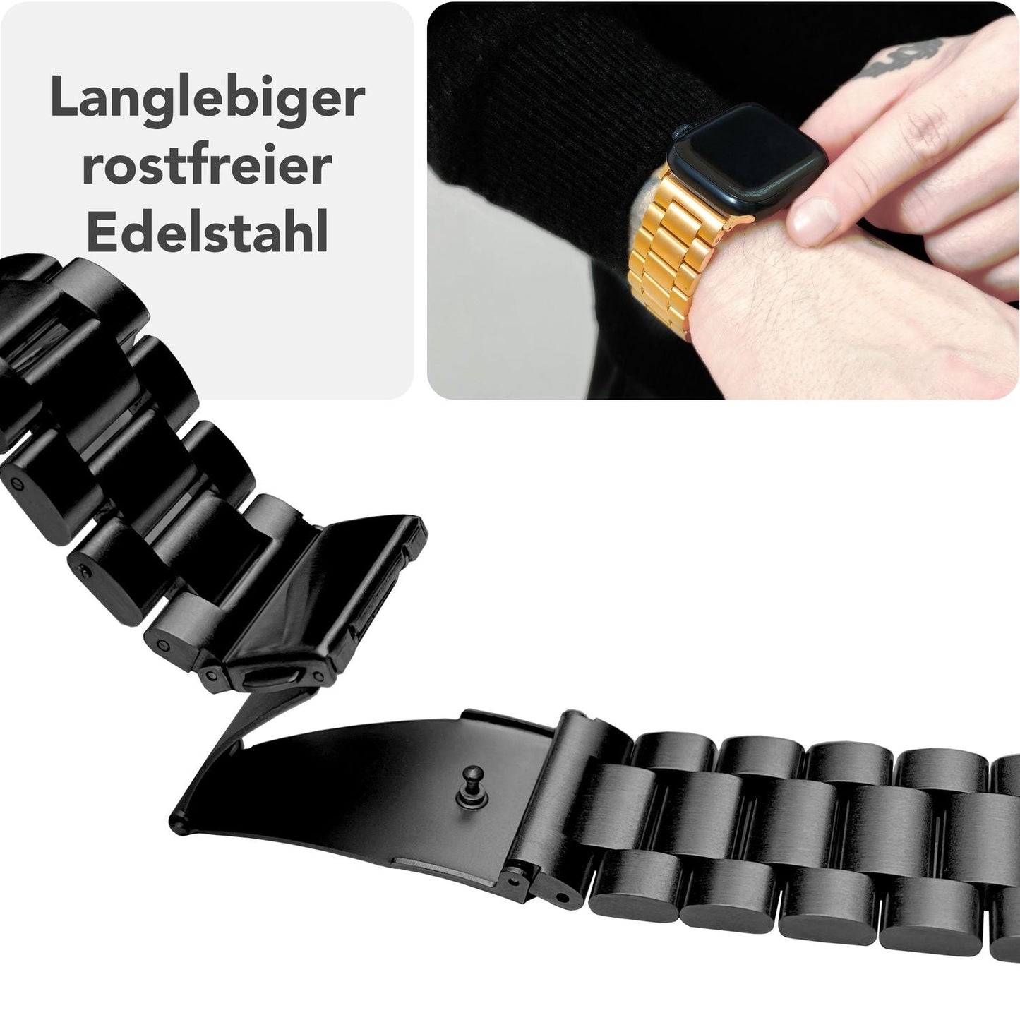 NALIA Mova Armband für Apple Watch SE/10/9/8/7/6/5/4/3/2/1, Gehäusegröße 38/40/41/42mm, Edelstahl Ersatzarmband mit Doppelfaltschließe, Metall Rostfrei