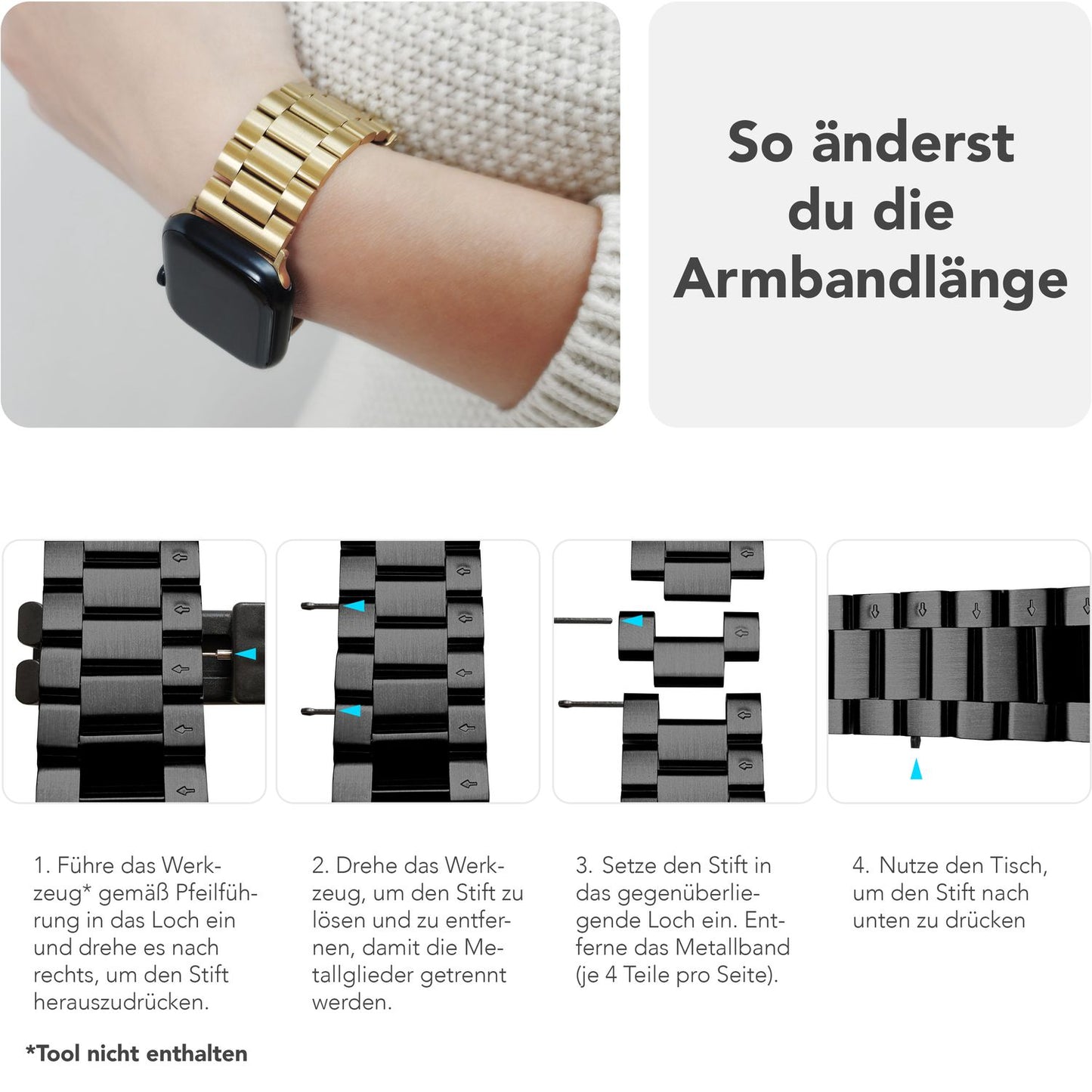 NALIA Mova Armband für Apple Watch SE/10/9/8/7/6/5/4/3/2/1, Gehäusegröße 38/40/41/42mm, Edelstahl Ersatzarmband mit Doppelfaltschließe, Metall Rostfrei