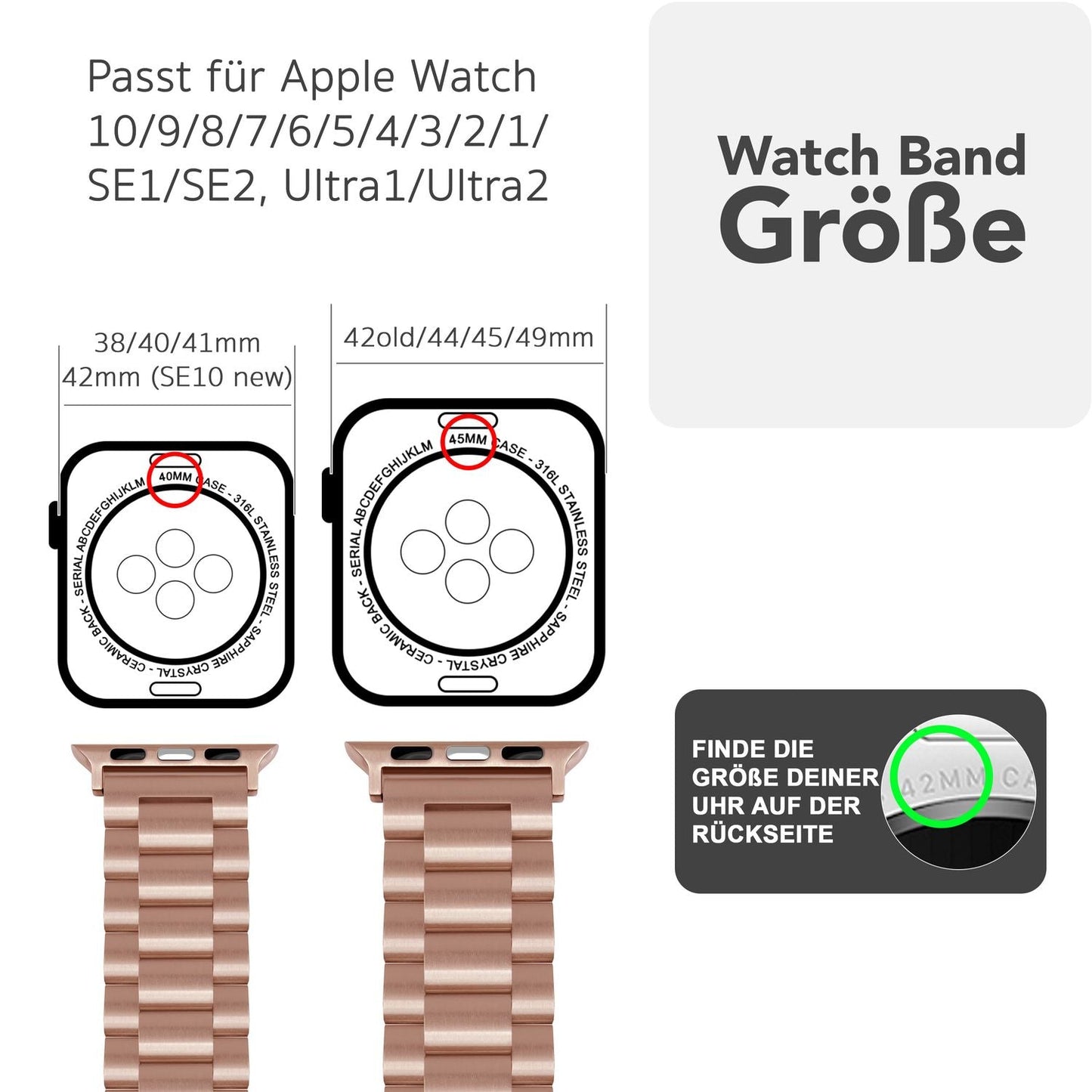 NALIA Mova Armband für Apple Watch SE/10/9/8/7/6/5/4/3/2/1, Gehäusegröße 38/40/41/42mm, Edelstahl Ersatzarmband mit Doppelfaltschließe, Metall Rostfrei