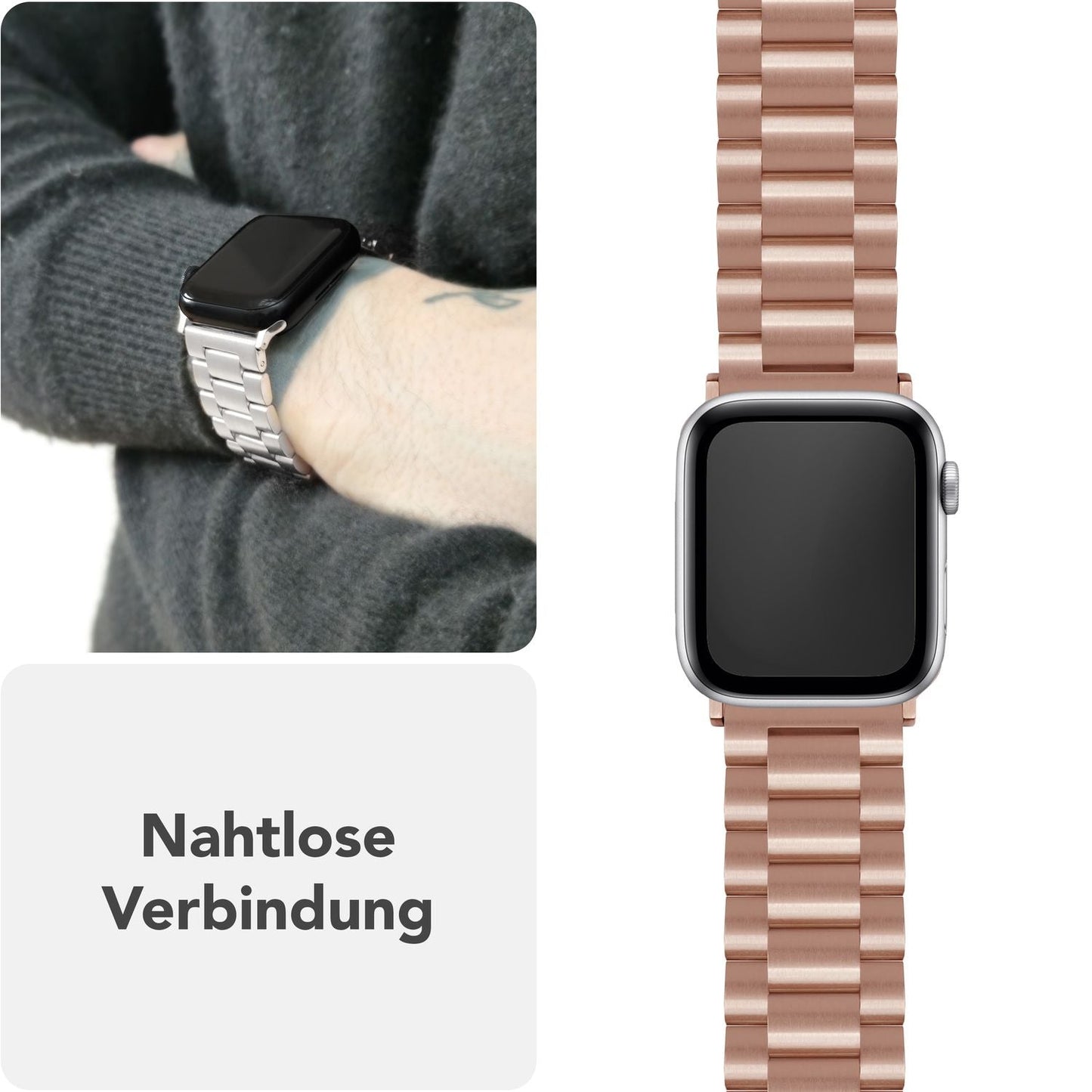 NALIA Mova Armband für Apple Watch SE/10/9/8/7/6/5/4/3/2/1, Gehäusegröße 38/40/41/42mm, Edelstahl Ersatzarmband mit Doppelfaltschließe, Metall Rostfrei