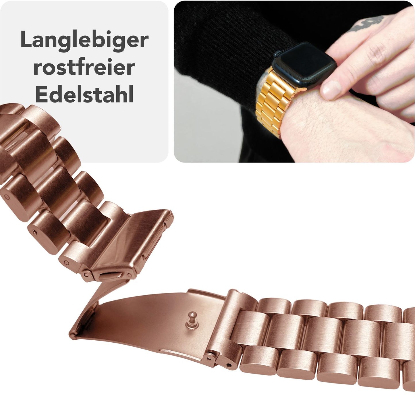 NALIA Mova Edelstahl Armband Apple Watch - Rostfrei 316L Doppelfaltschließe Größen 42-49mm