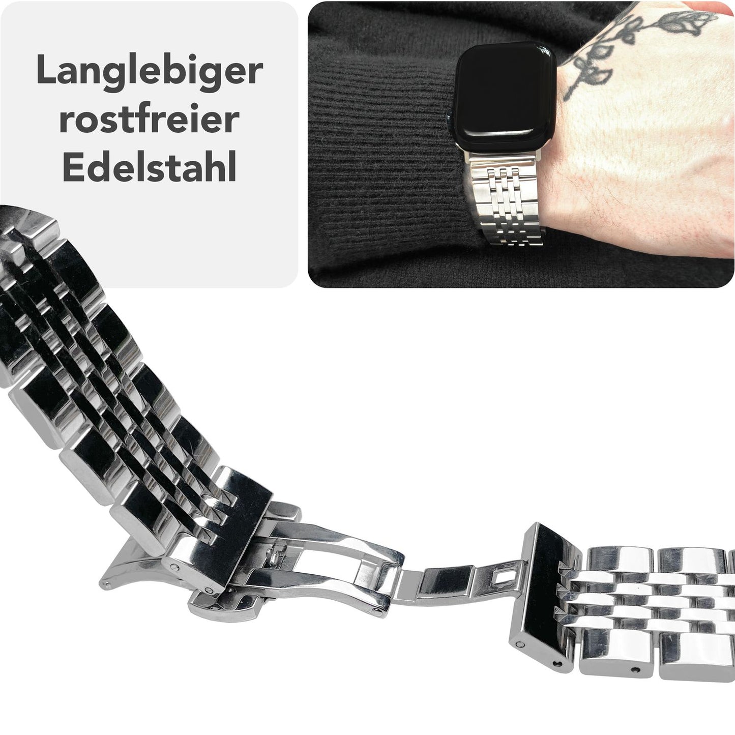 NALIA Trivo Edelstahl Armband für Apple Watch SE/10/9/8/7/6/5/4/3/2/1, Gehäusegröße 38/40/41/42mm, Metall Ersatzarmband Rostfrei mit Schmetterlingsschließe