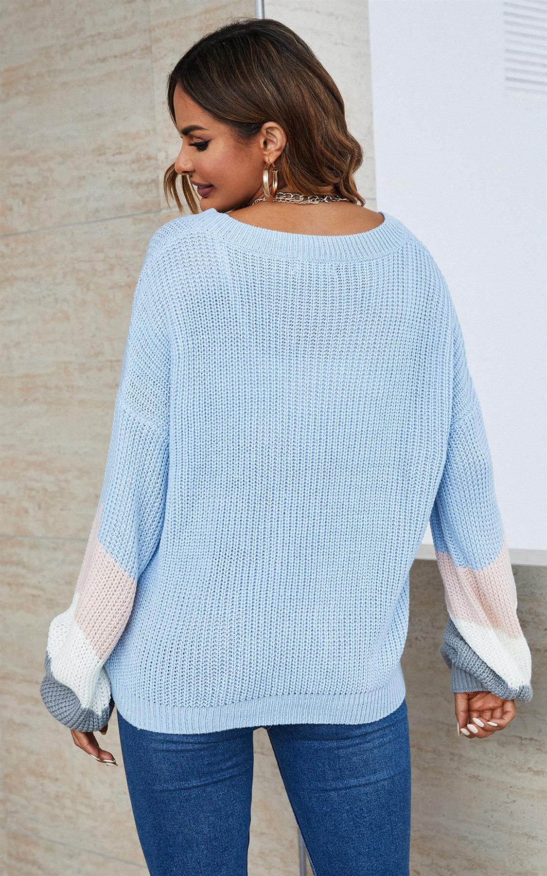 Grey & Peach Pink & White Striped Jumper In Blue