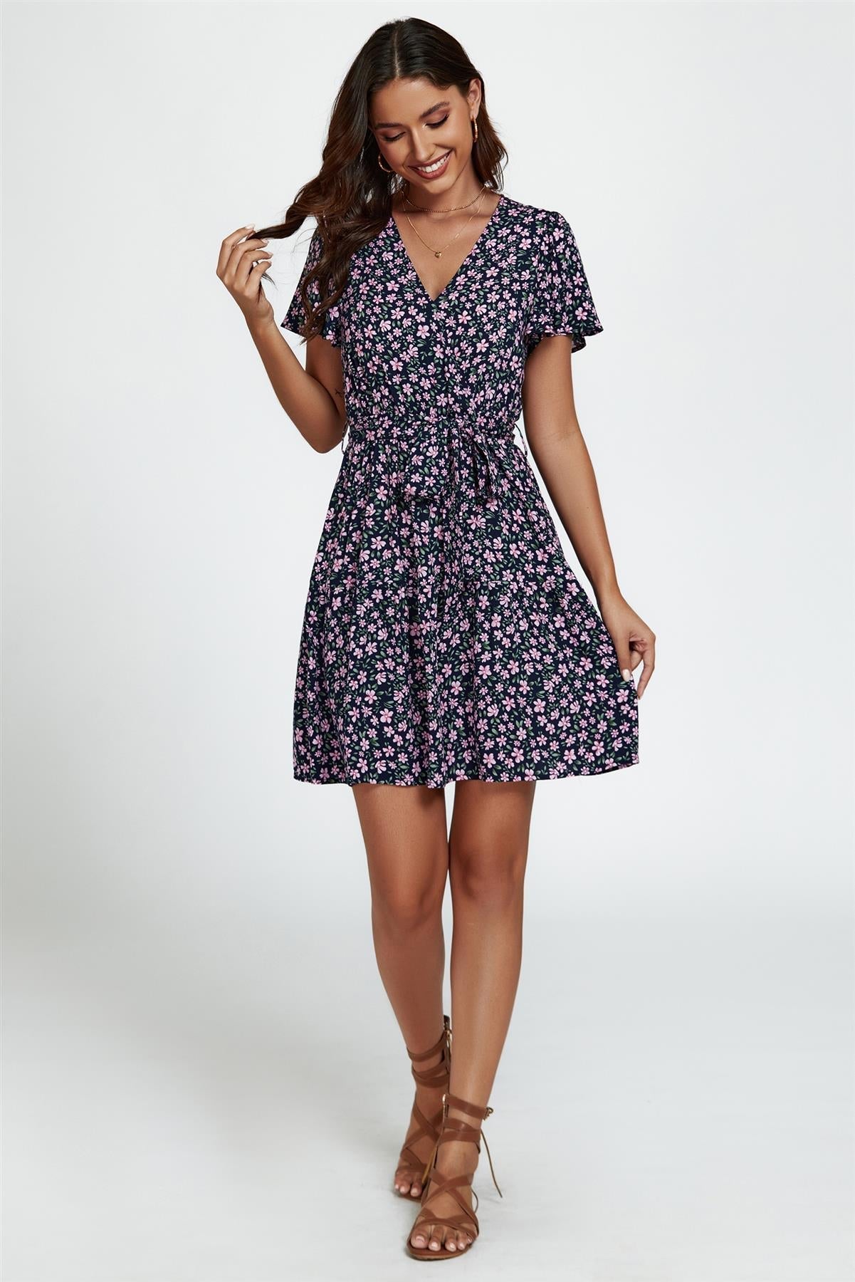 Floral Print Hem Tiered Wrap Mini Dress In Navy