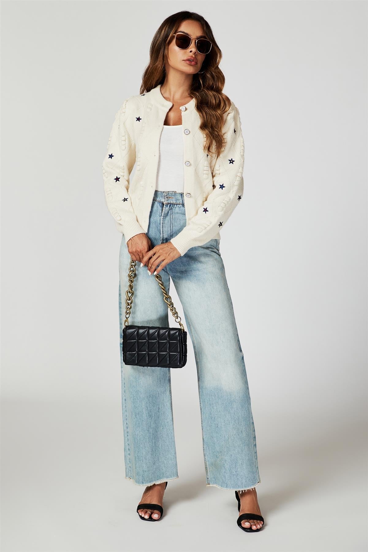 Star Embroidered Knitted Cardigan In Bone White