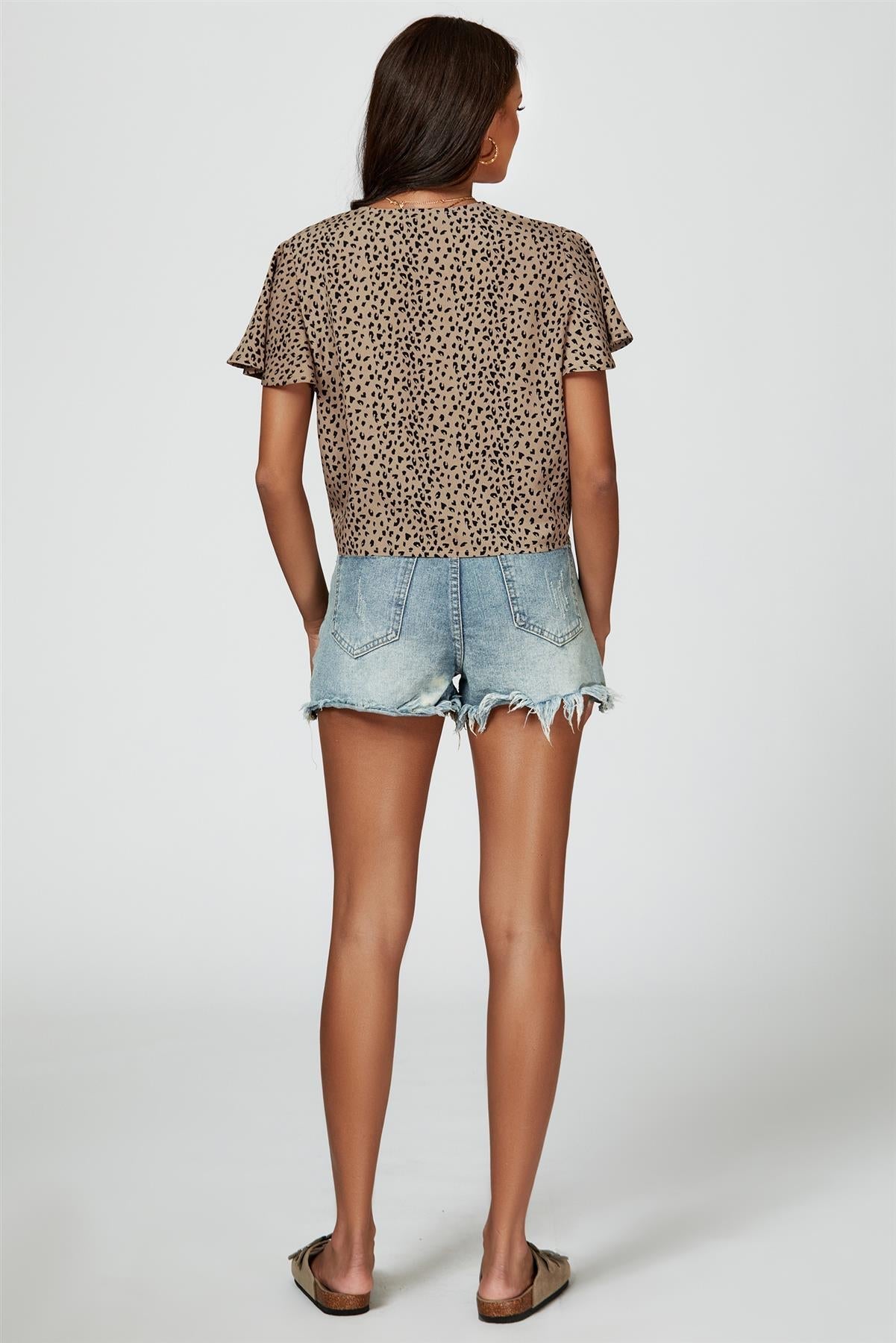 Leopard Print Tie Knot Front Buttoned Crop Top In Beige