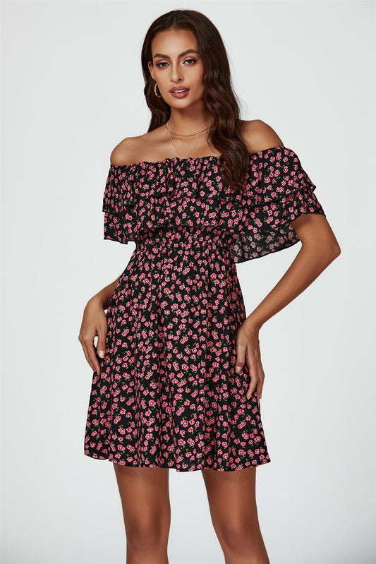 Floral Print Bardot Frill Mini Dress In Black