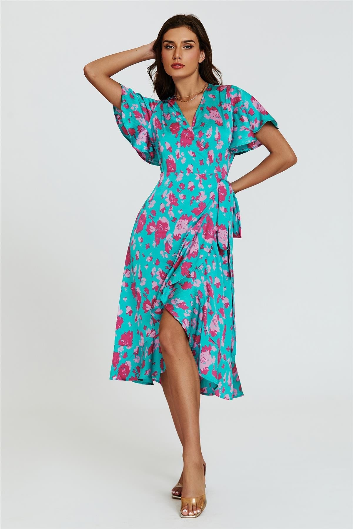 Turquoise & Hot Pink Print Angel Sleeve Wrap Midi Dress
