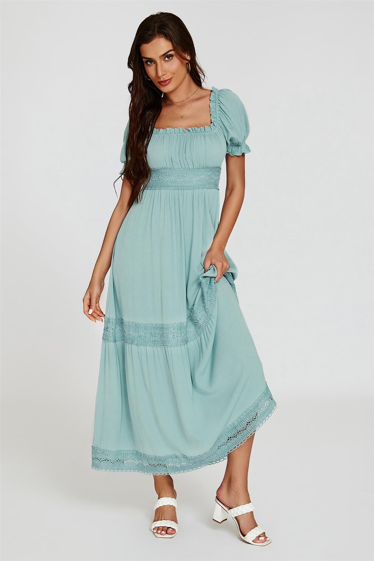 Lace Detail Bardot Maxi Dress In Blue