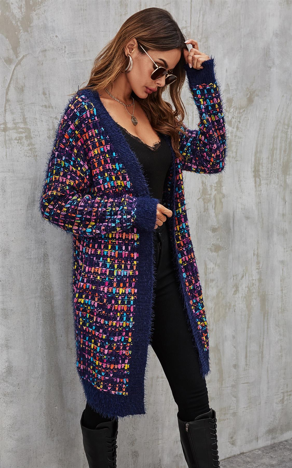 Pink mix Multi colour Speckles Boucle Check Cardigan In Navy