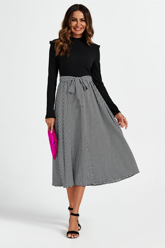 Rochie midi 2 în 1 cu imprimeu Houndstooth alb și negru