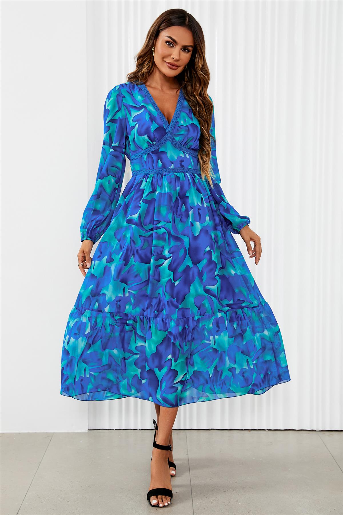 Floral Print Long Sleeve Maxi Dress In Blue