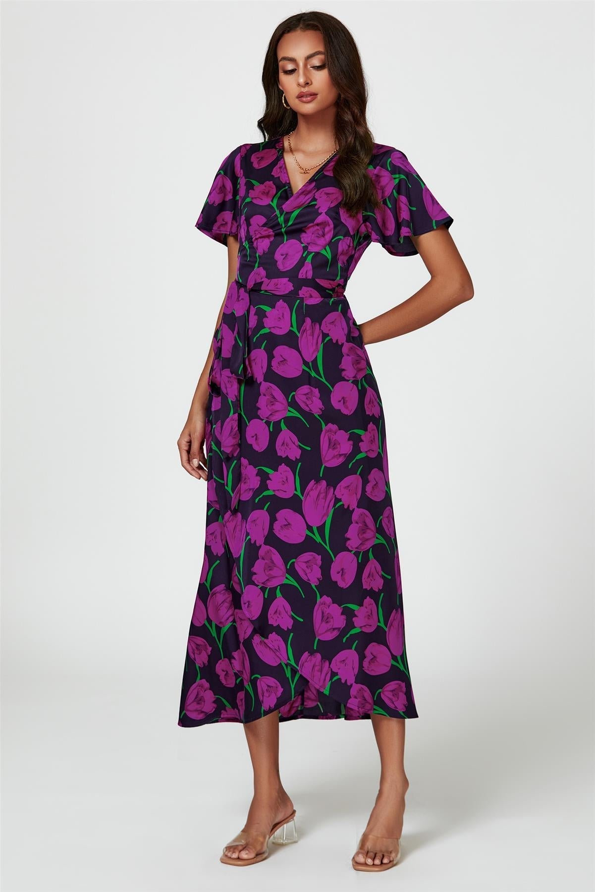 Floral Print Satin Wrap Maxi Dress In Magenta