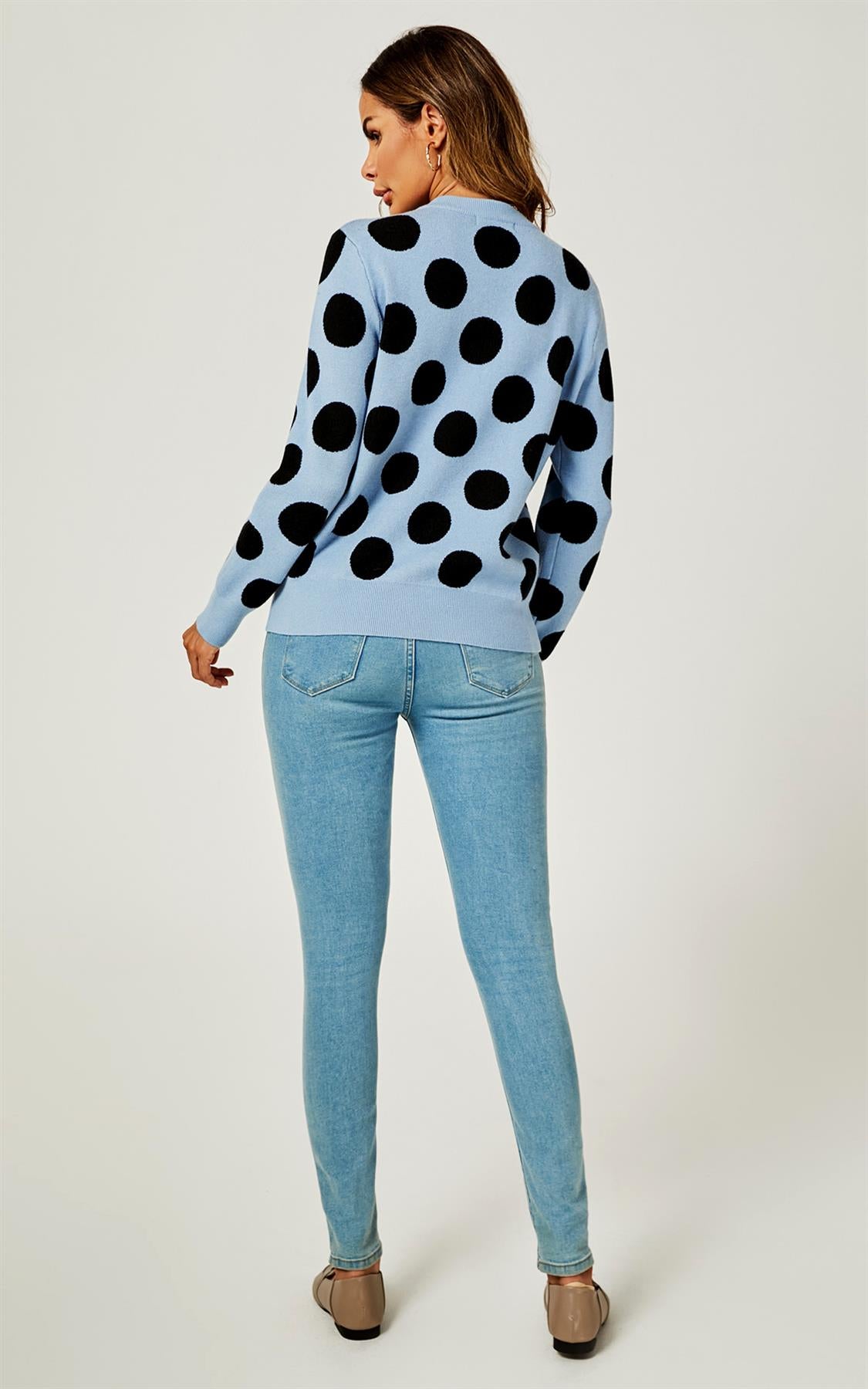 Comfy Knit Black Polka Dot Pattern Jumper Top In Blue