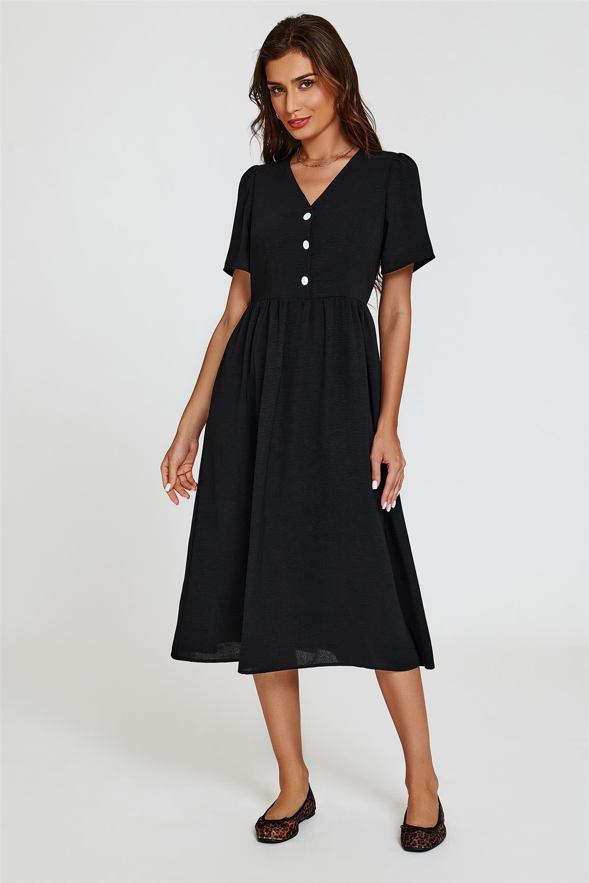 Button Front Midi Dress In Black