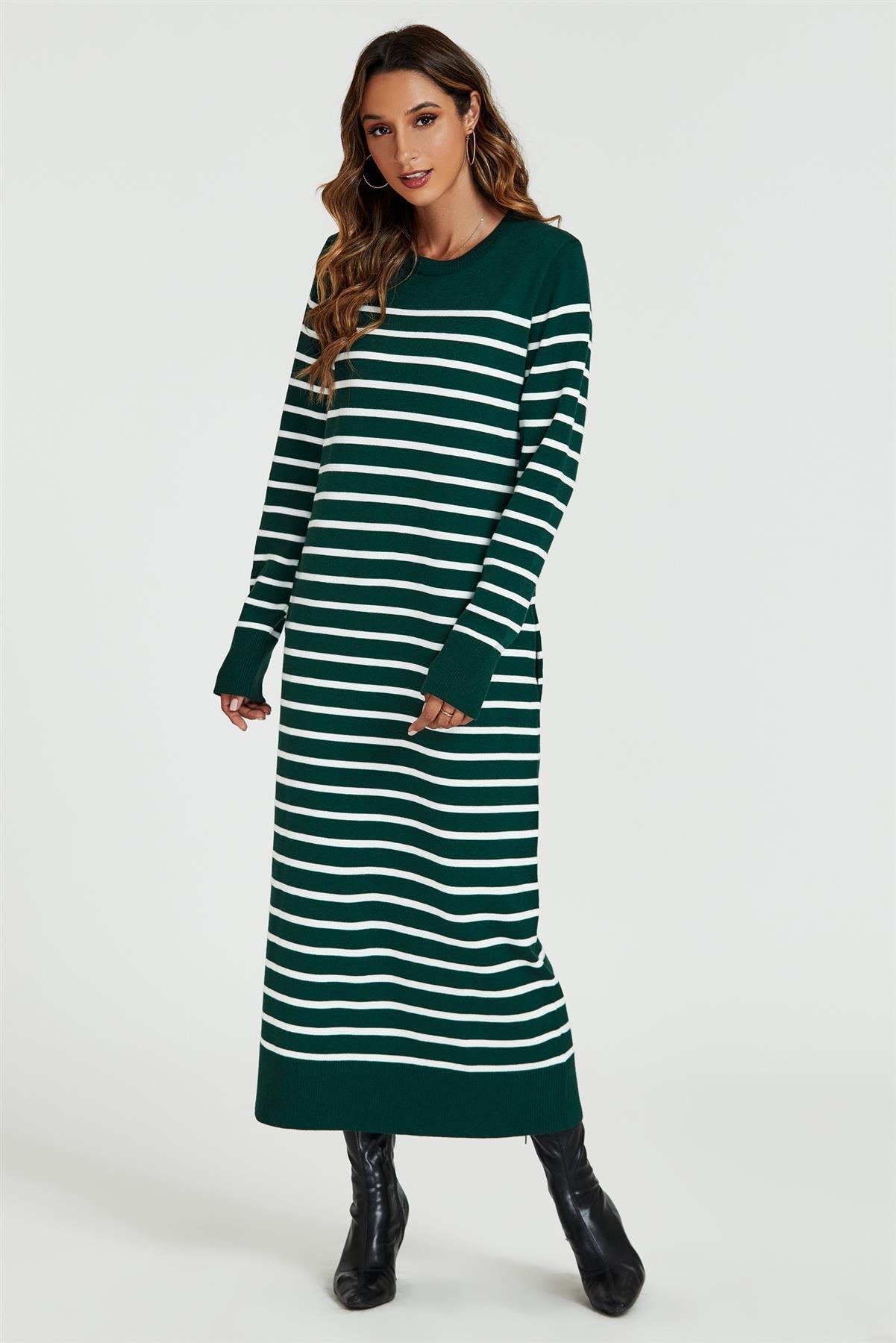 Stripe Pattern Knitted Tunic Jumper Dress In Dark Green