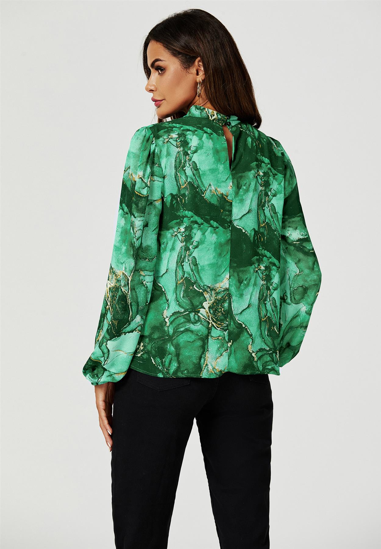 Marble Print Long Sleeve High Neck Top In Light Green