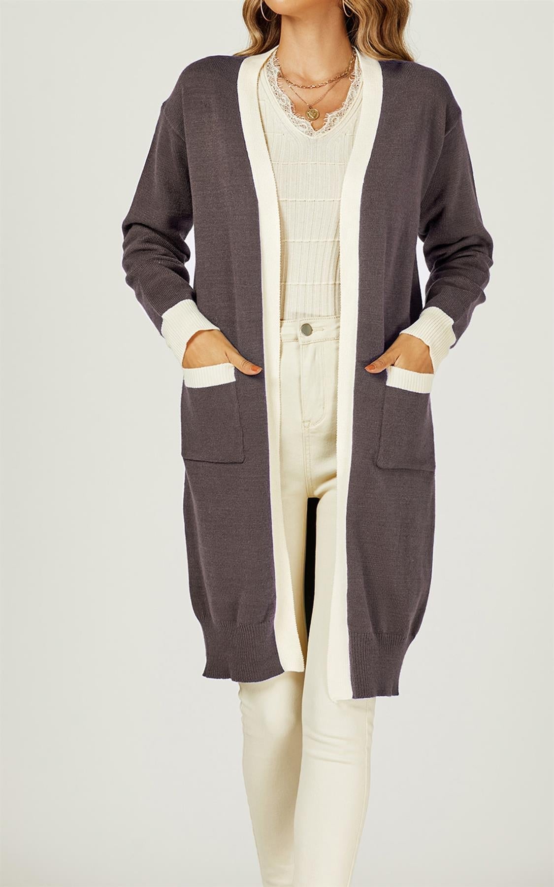 Cardigan cu dungi crem, nuanță taupe