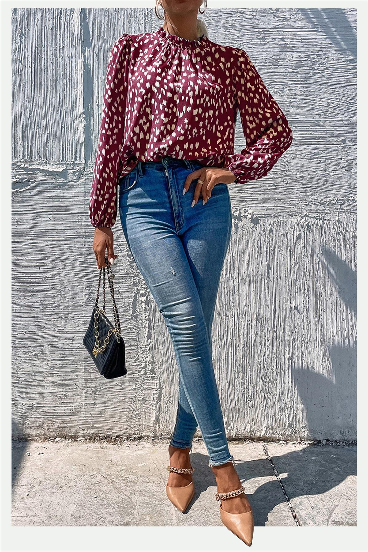 Animal Print Frill Detail High Neck Top In Wine