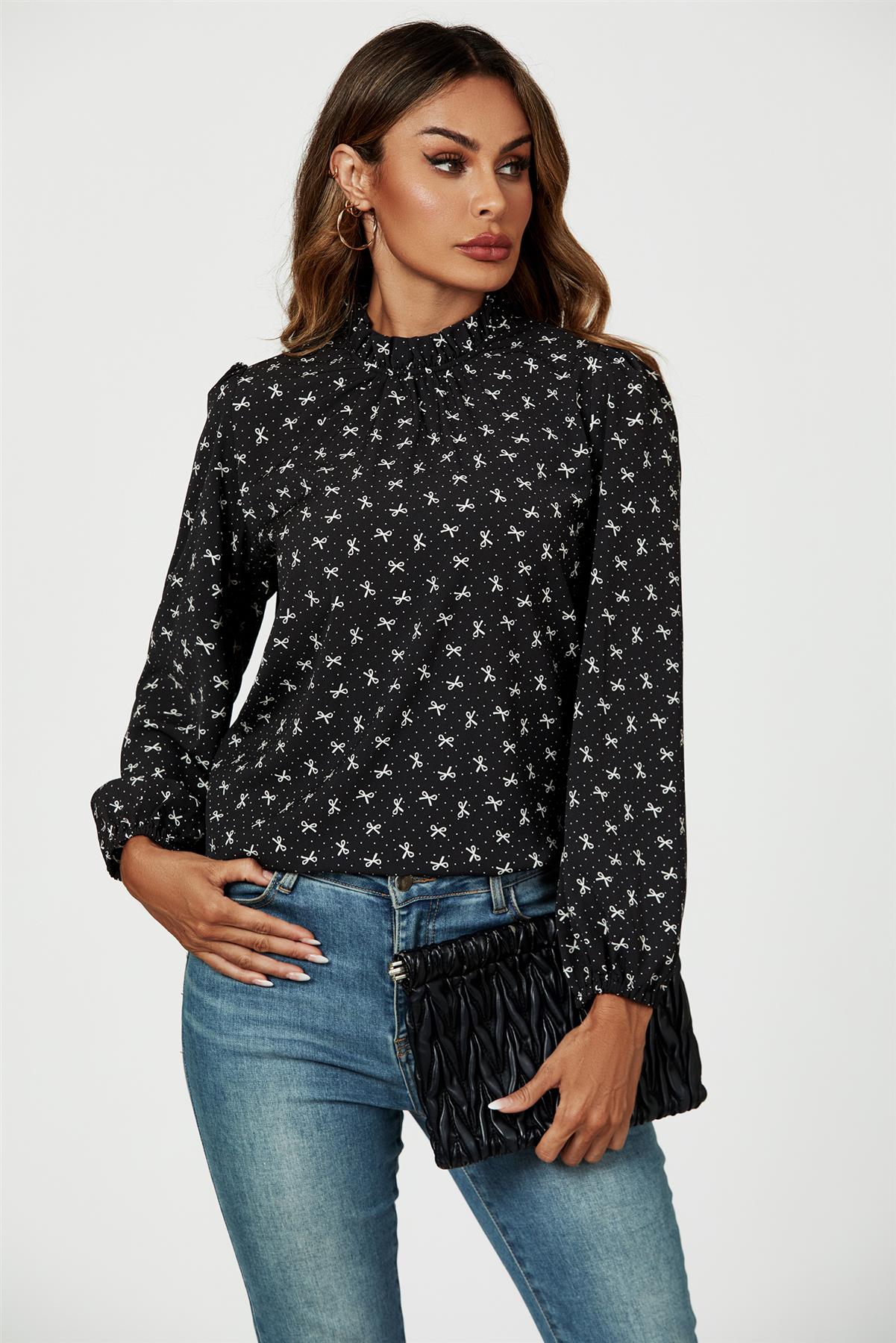Bow Print Frill Detail High Neck Top In Black