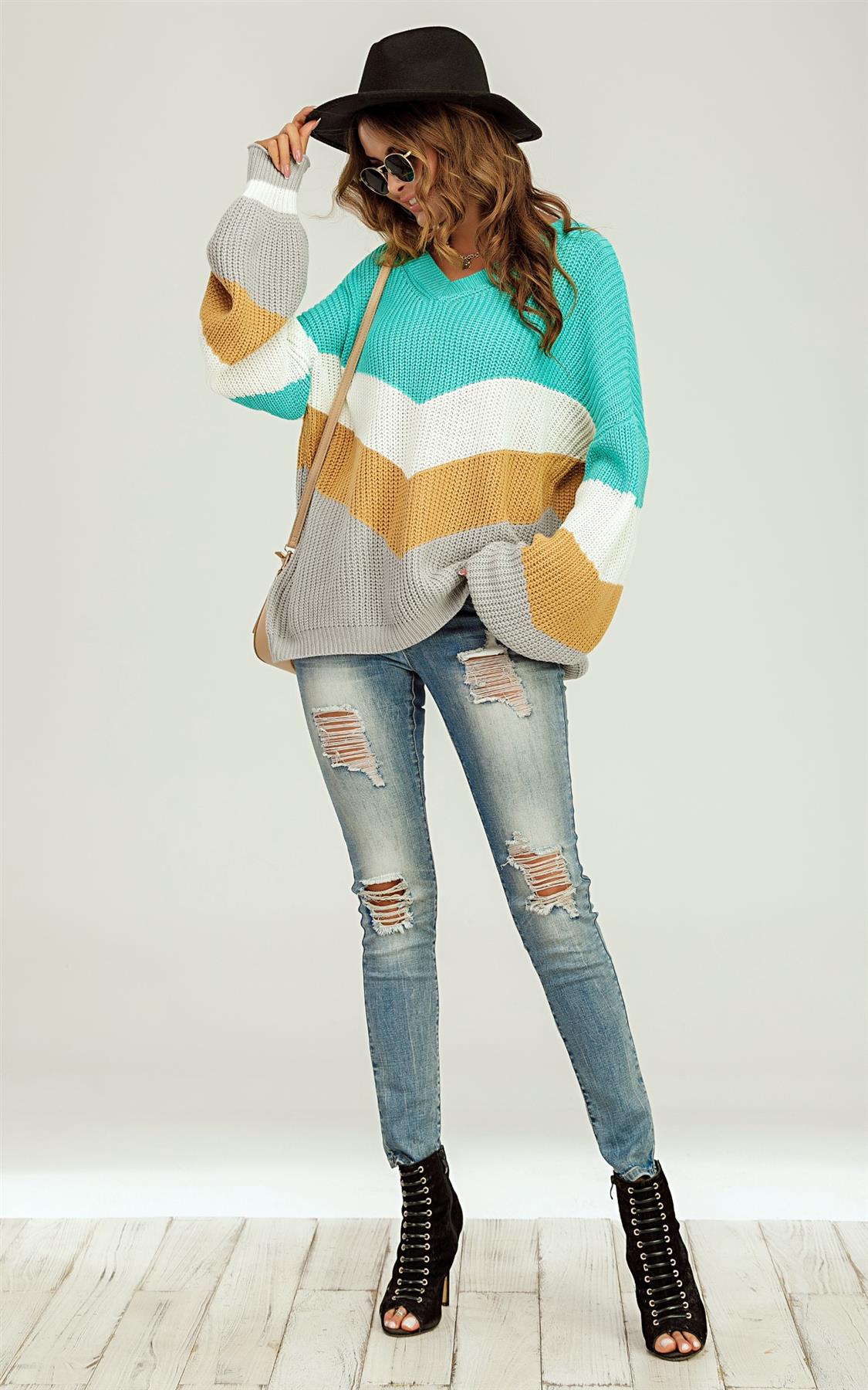 Blue & Grey Colour Block Jumper White & Golden Striped Long Sleeve Top