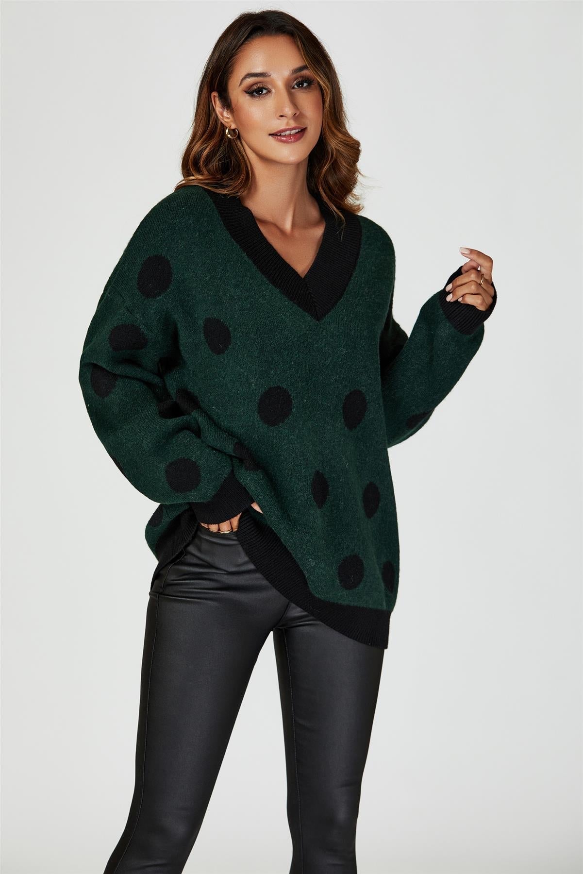 Wool Blended V Neck Jumper In Green & Black Polka Dot