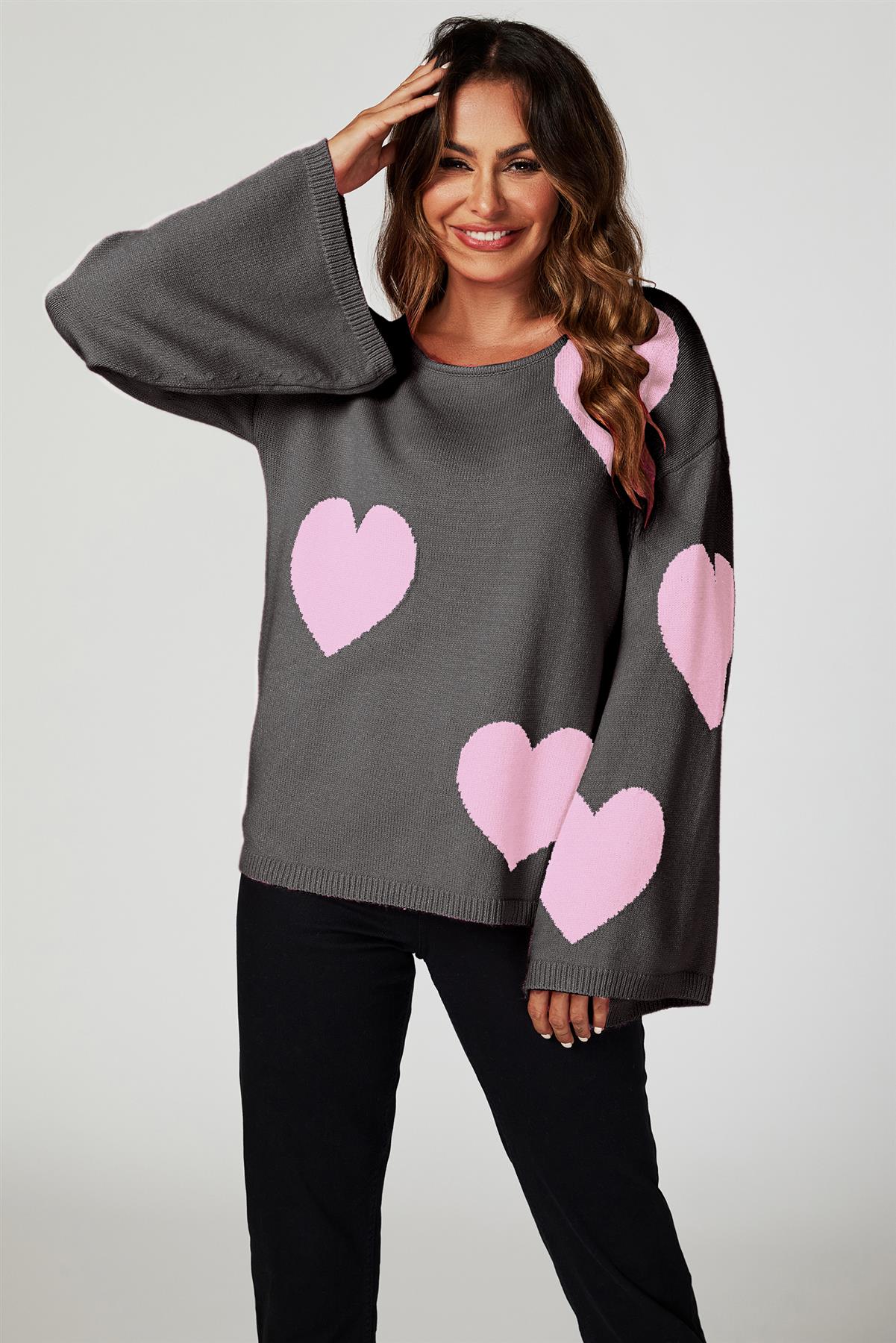 Heart Patten Wide Sleeve Oversize Jumper In Dark Grey
