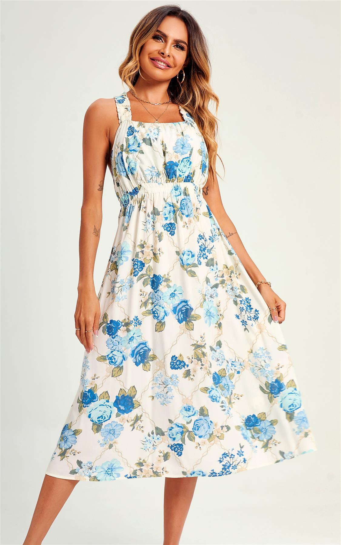 Pretty Flora Print Cross Back Midi Dress In White