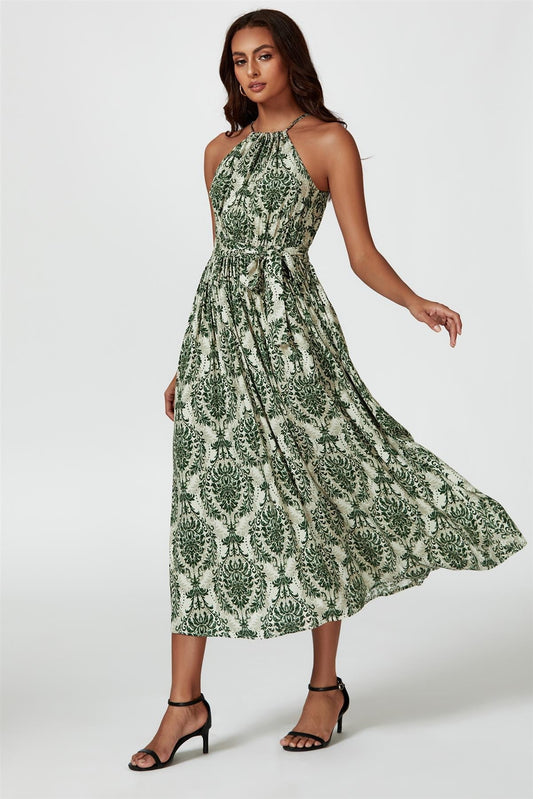 Green & Beige Floral Print Tie Halterneck Maxi Dress