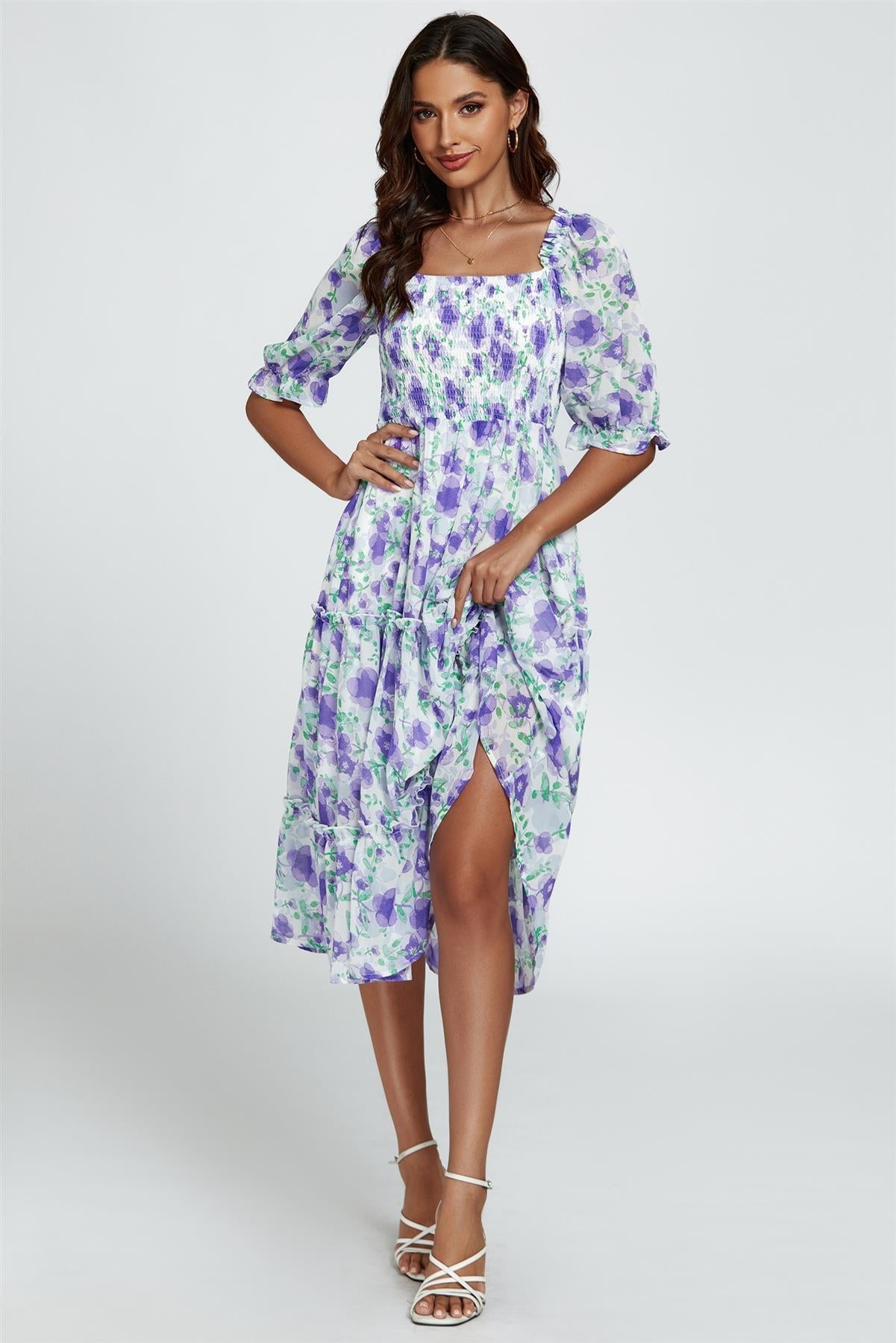 Floral Print Bardot Puff Sleeve Elasticated Detail Midi Dress In White