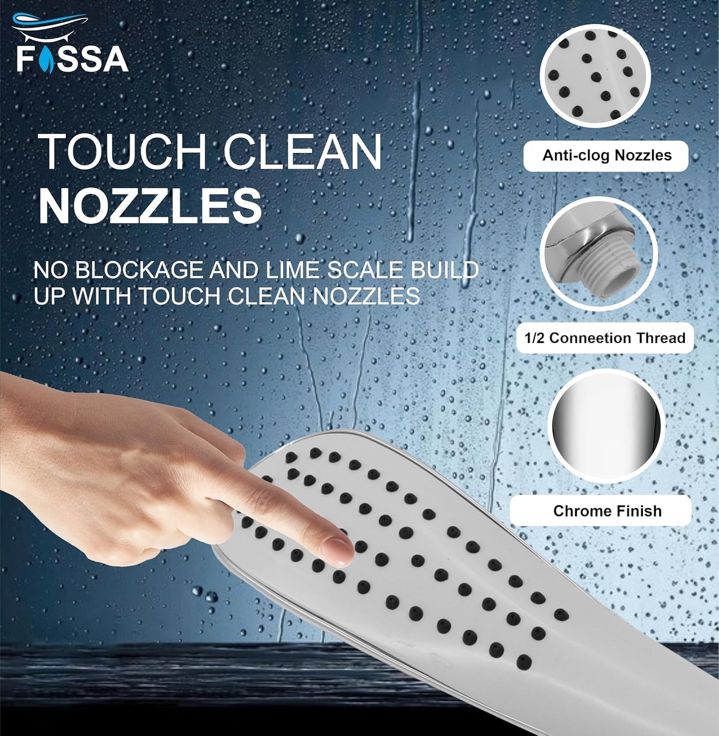 Fossa Dezire Rain Hand Shower, Handheld showers with 1.5 Meter Hose Pipe Stainless Steel and Hook, Chrome Finish (Hand Shower Set)-2
