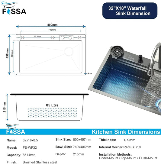 Fossa 32"x18"x10" inch  Single Bowl Premium Waterfall Kitchen Sink Honeycomb Embossed Sink with White Nano Coating, Stainless Steel, Rectangular Workstation, Faucet With All Accessories.-1