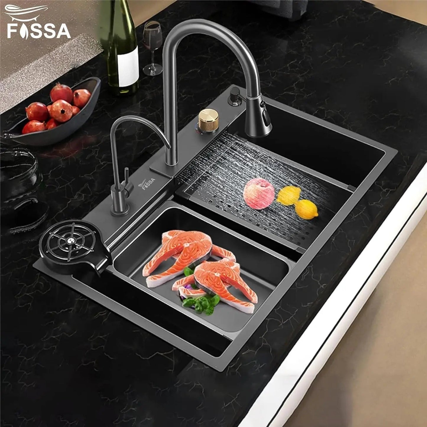 Fossa 32"x18"x10" inch  Single Bowl Premium Waterfall Kitchen Sink Honeycomb Embossed Sink with White Nano Coating, Stainless Steel, Rectangular Workstation, Faucet With All Accessories.-4