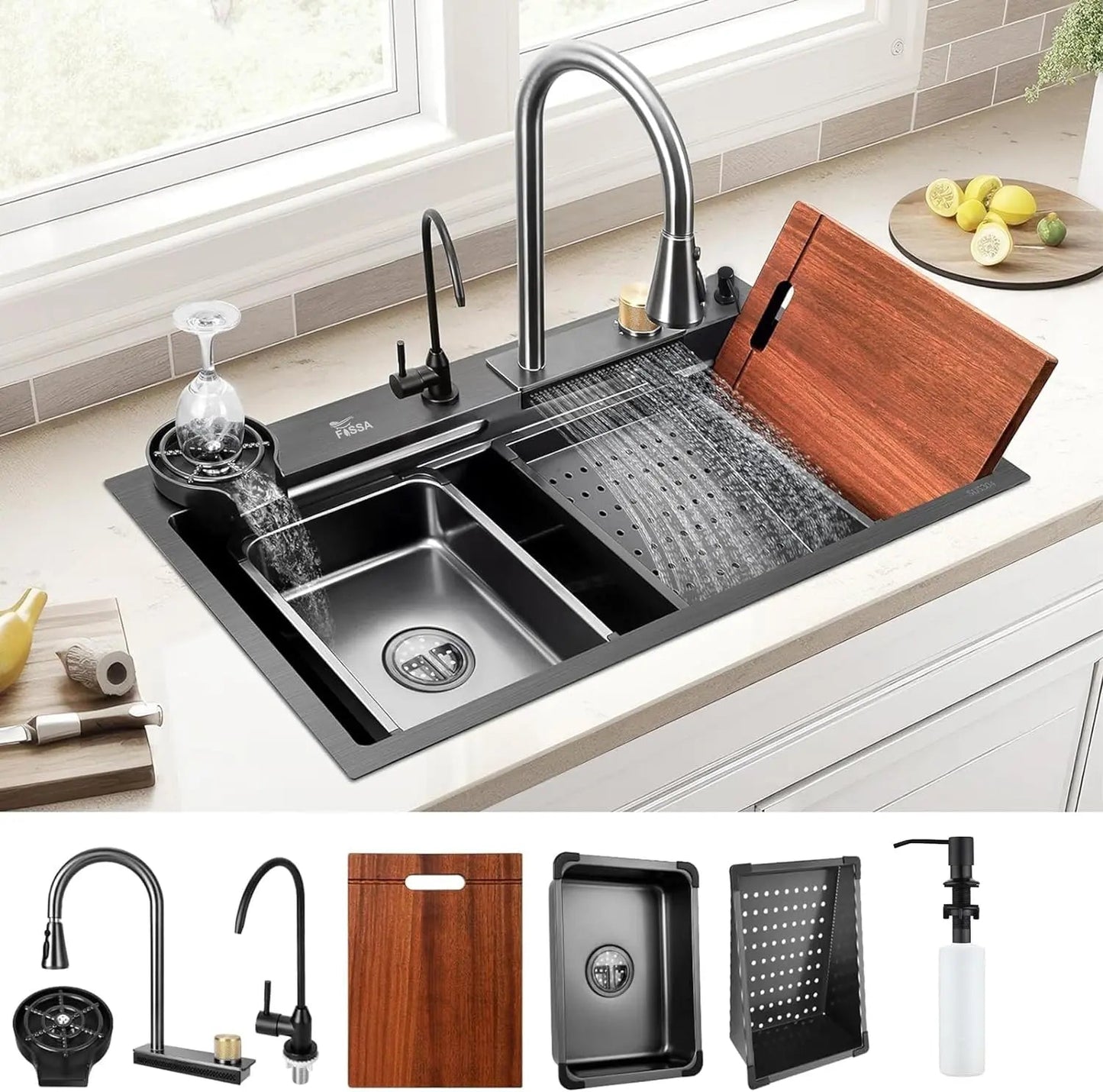 Fossa 32"x18"x10" inch  Single Bowl Premium Waterfall Kitchen Sink Honeycomb Embossed Sink with White Nano Coating, Stainless Steel, Rectangular Workstation, Faucet With All Accessories.-0