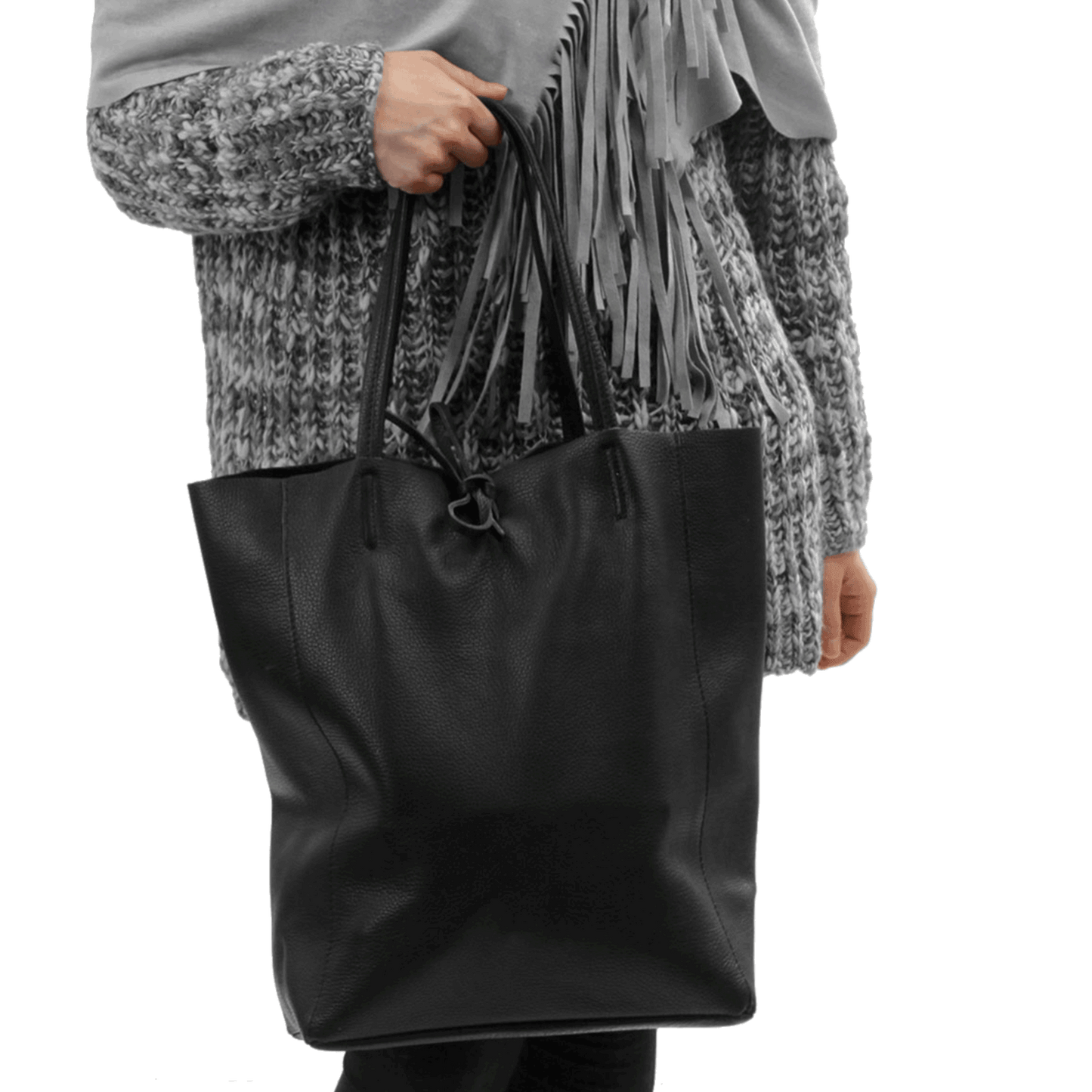 Leder Shopper mit Innentasche Kroko Grau